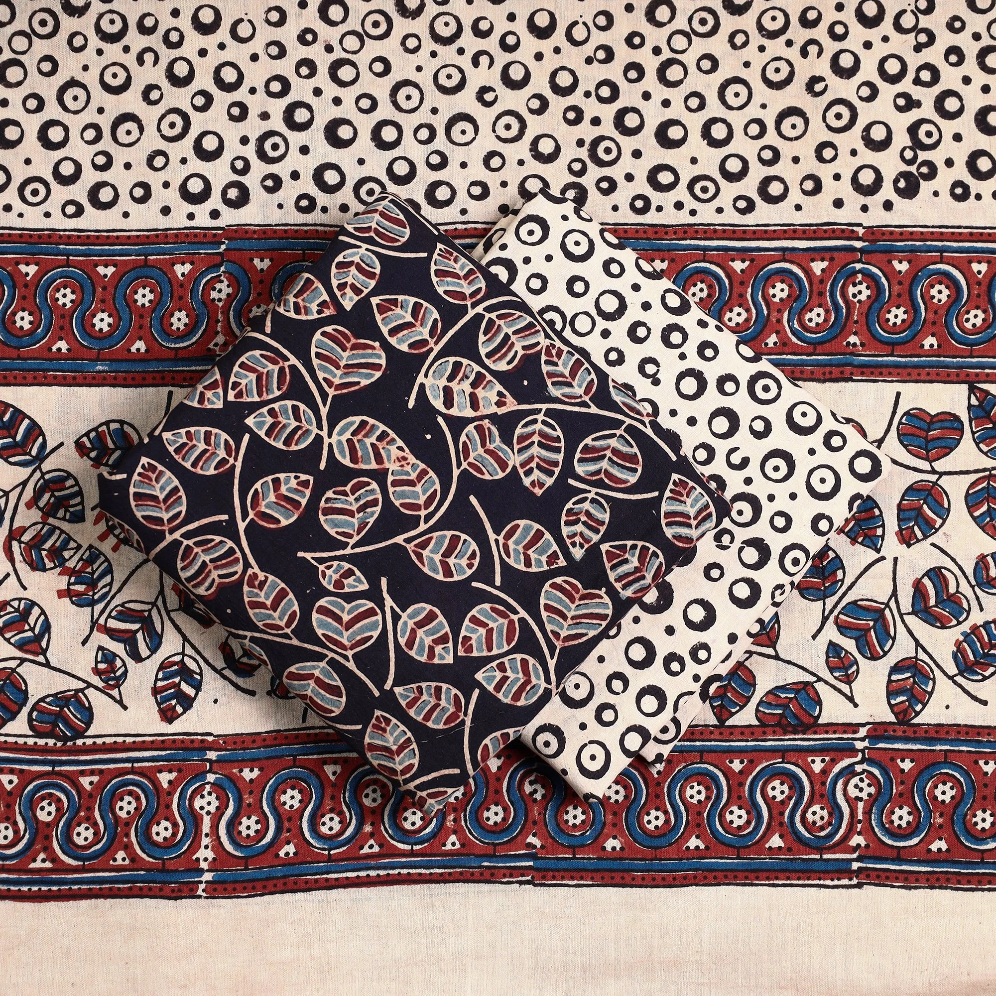 Black - 3pc Ajrakh Block Printed Natural Dyed Cotton Suit Material Set 15