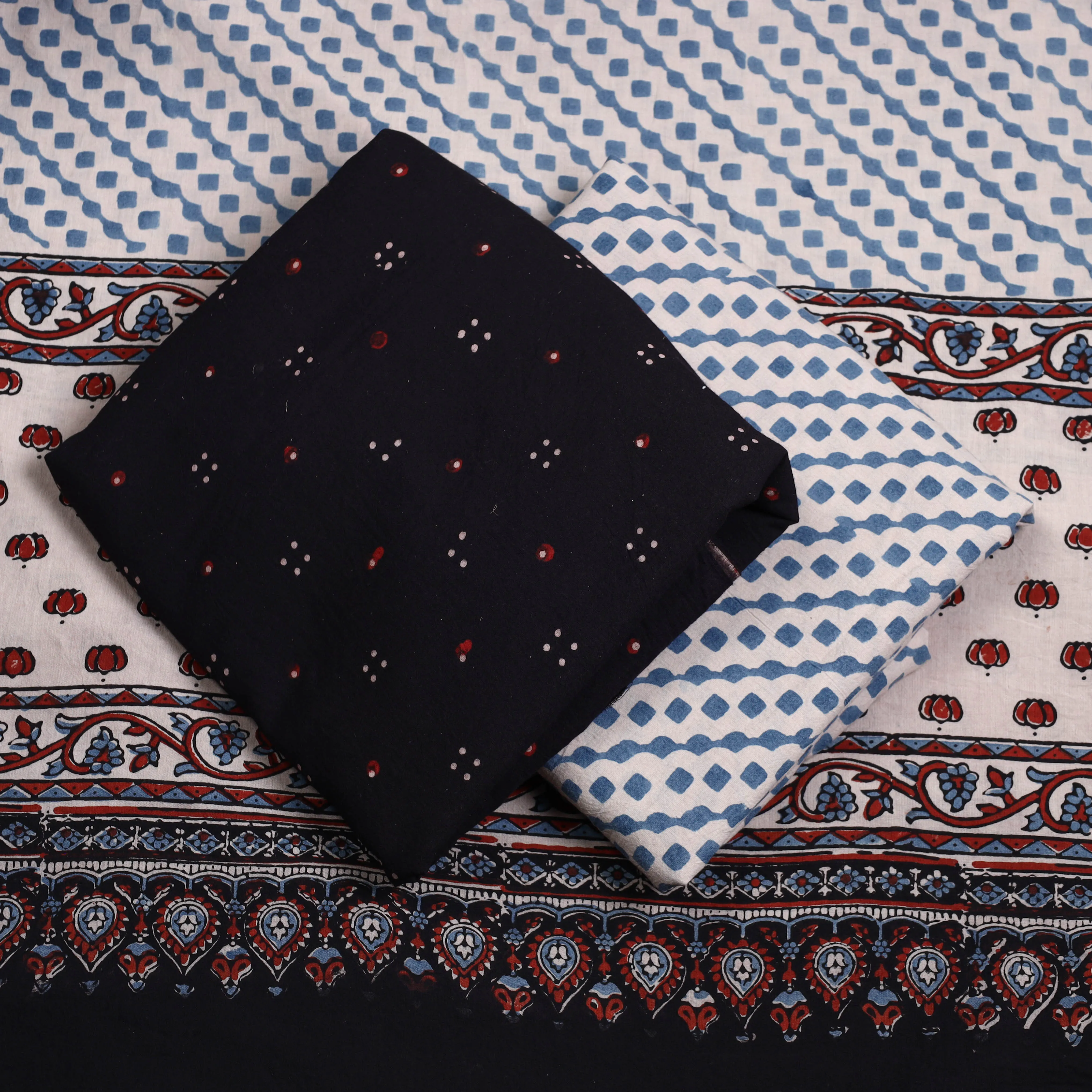 Black - 3pc Ajrakh Block Printed Natural Dyed Cotton Suit Material Set 20