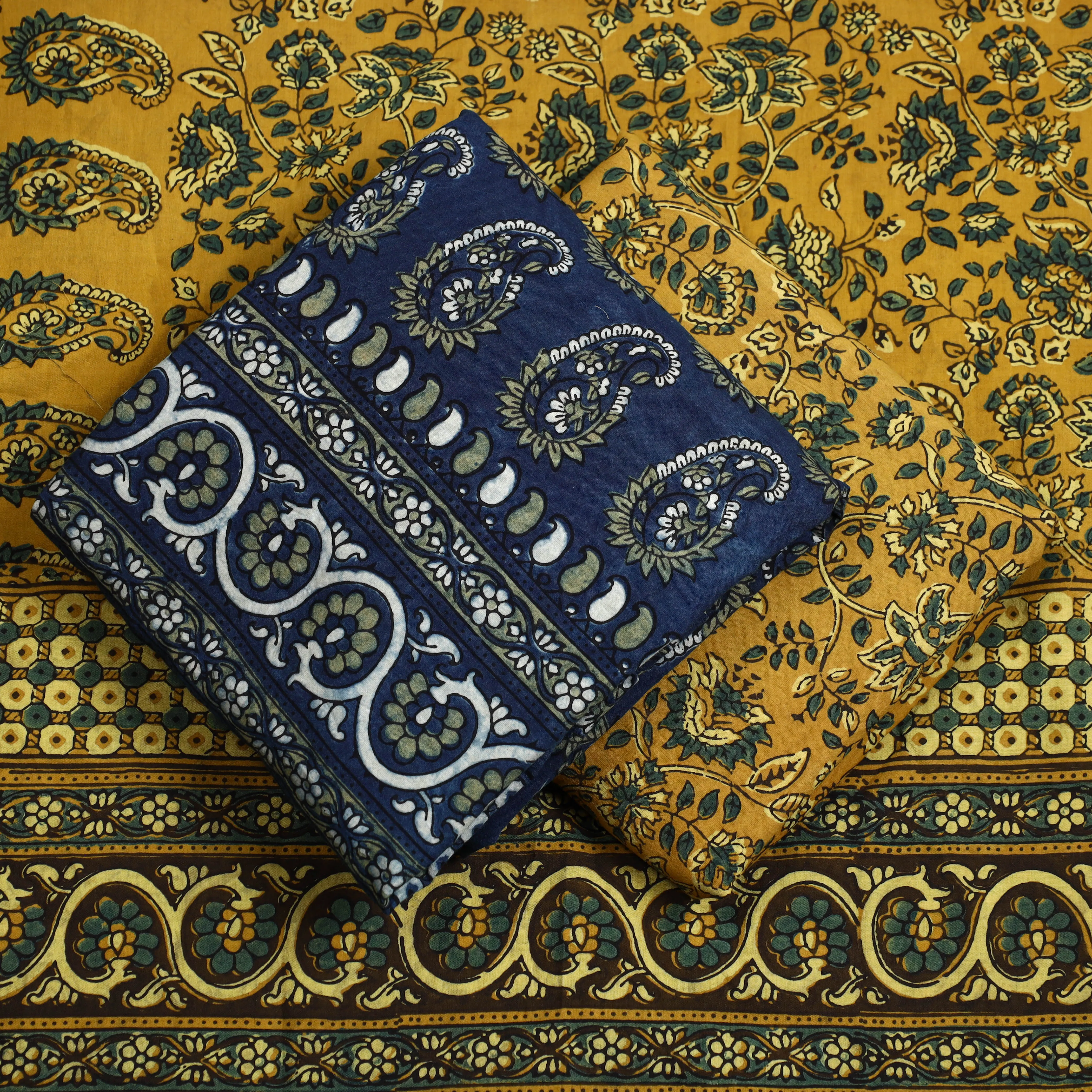 Blue - 3pc Ajrakh Block Printed Natural Dyed Cotton Suit Material Set 08