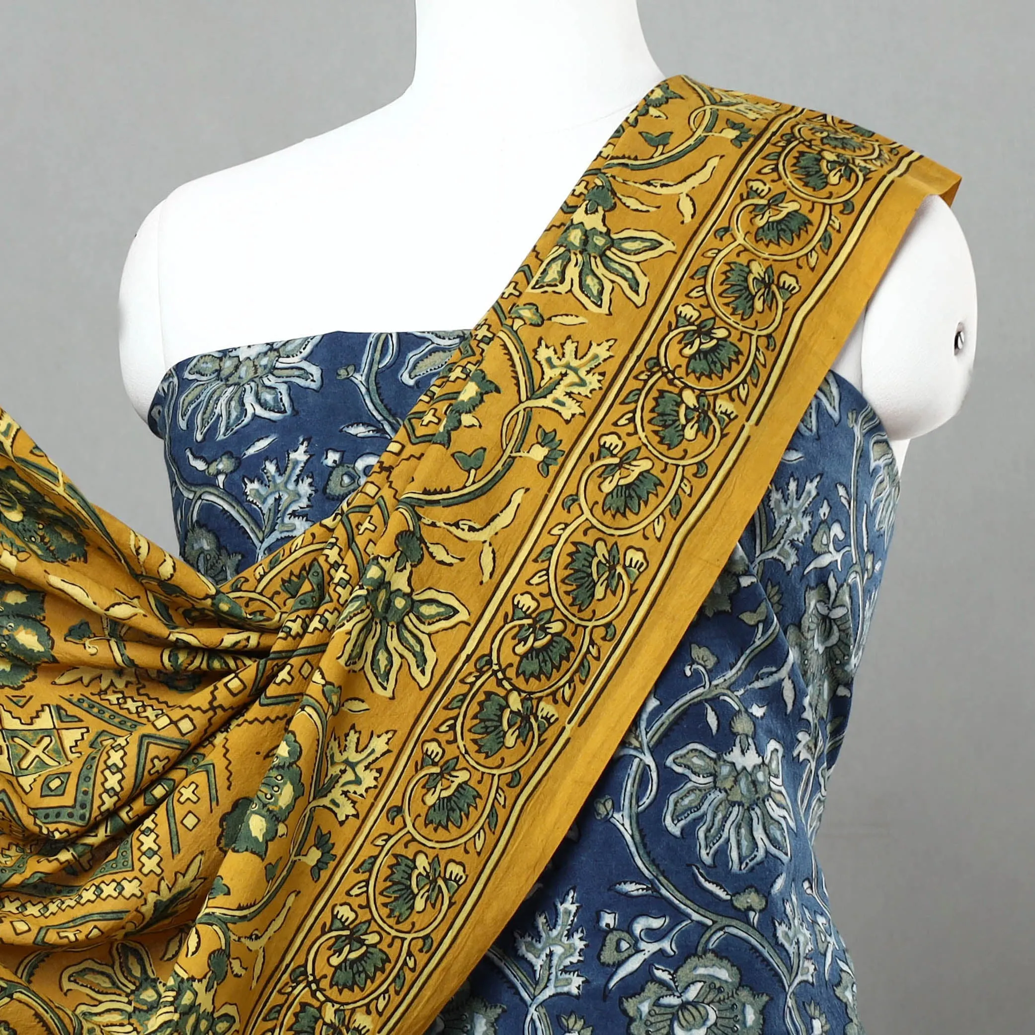 Blue - 3pc Ajrakh Block Printed Natural Dyed Cotton Suit Material Set 13
