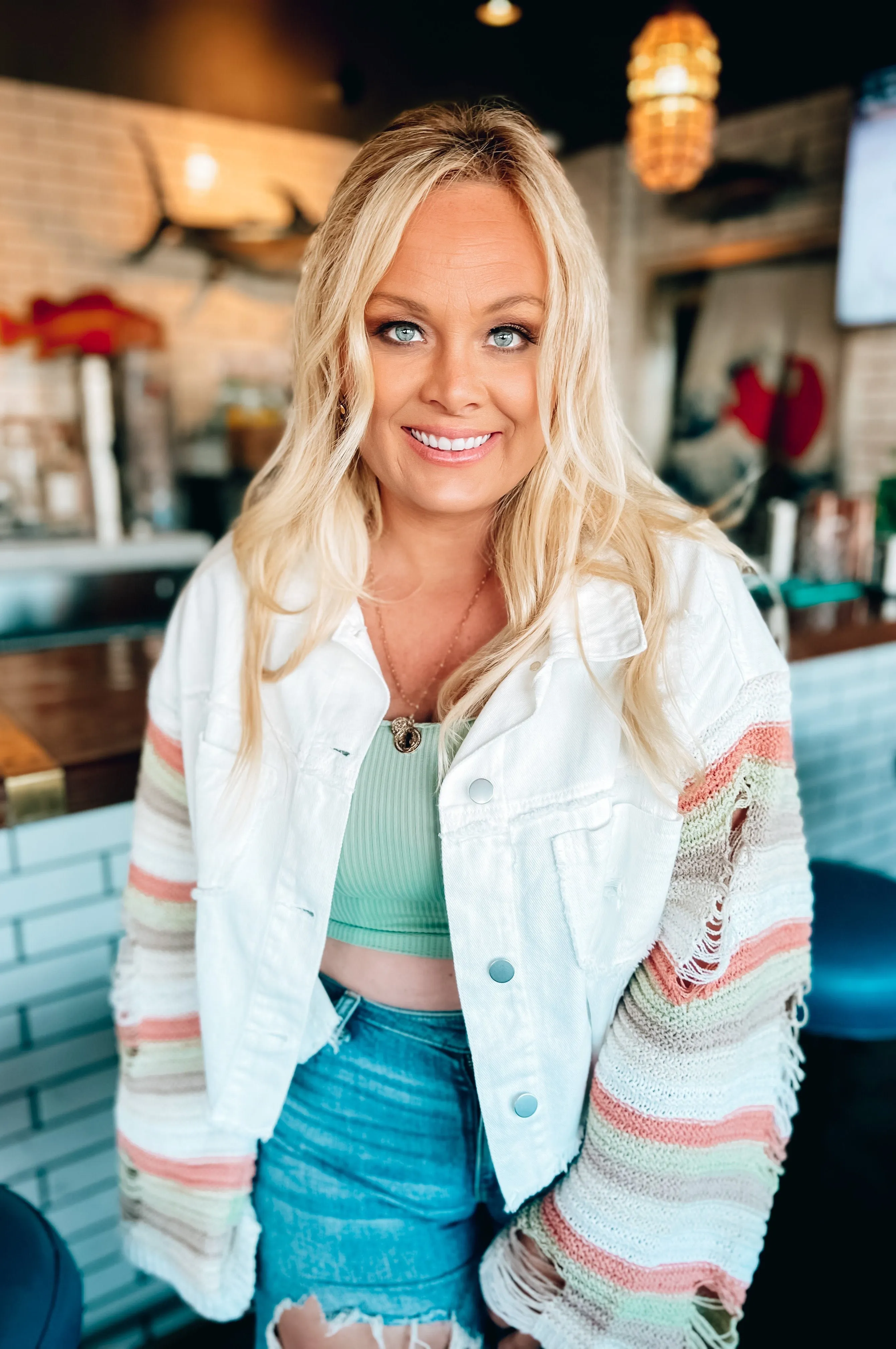 Boho Knit Sleeve Denim Jacket White