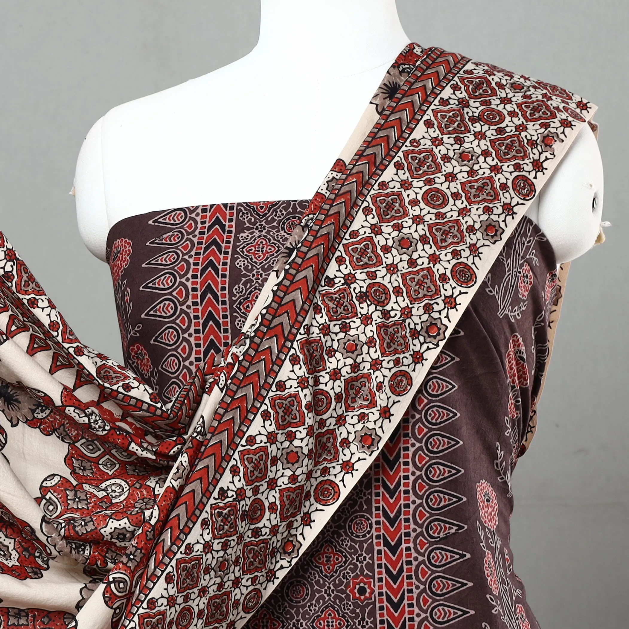 Brown - 3pc Ajrakh Block Printed Natural Dyed Cotton Suit Material Set 05