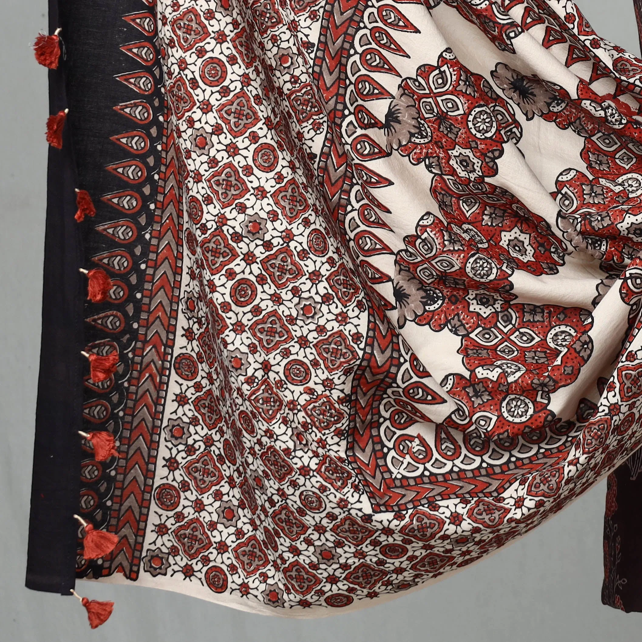 Brown - 3pc Ajrakh Block Printed Natural Dyed Cotton Suit Material Set 05