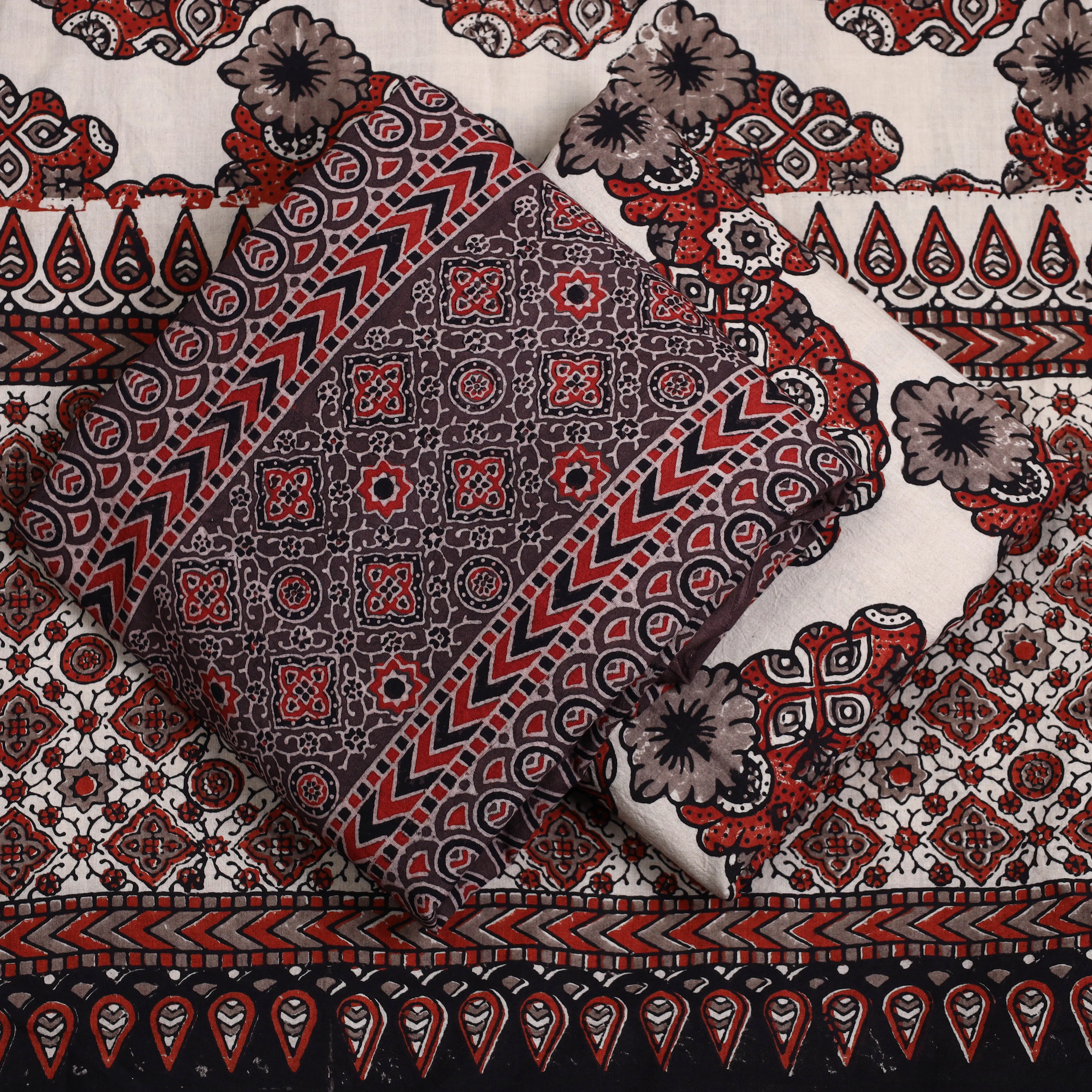 Brown - 3pc Ajrakh Block Printed Natural Dyed Cotton Suit Material Set 05