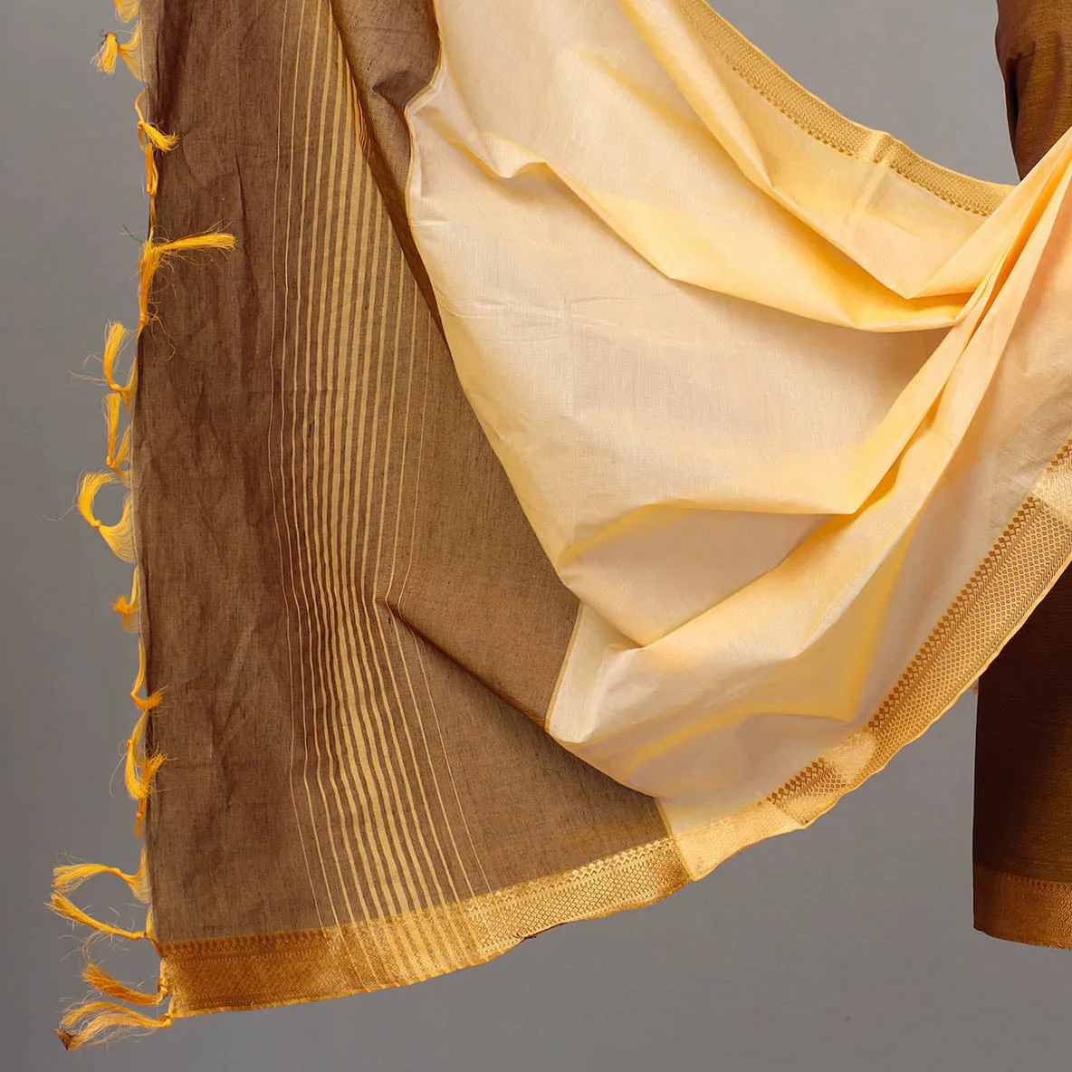 Brown - 3pc Mangalagiri Cotton Suit Material Set with Zari Border