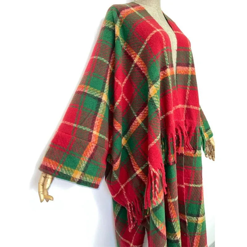 Cabin Dweller Tartan Thick Warm Free Size Long Kimono Robe Wrap