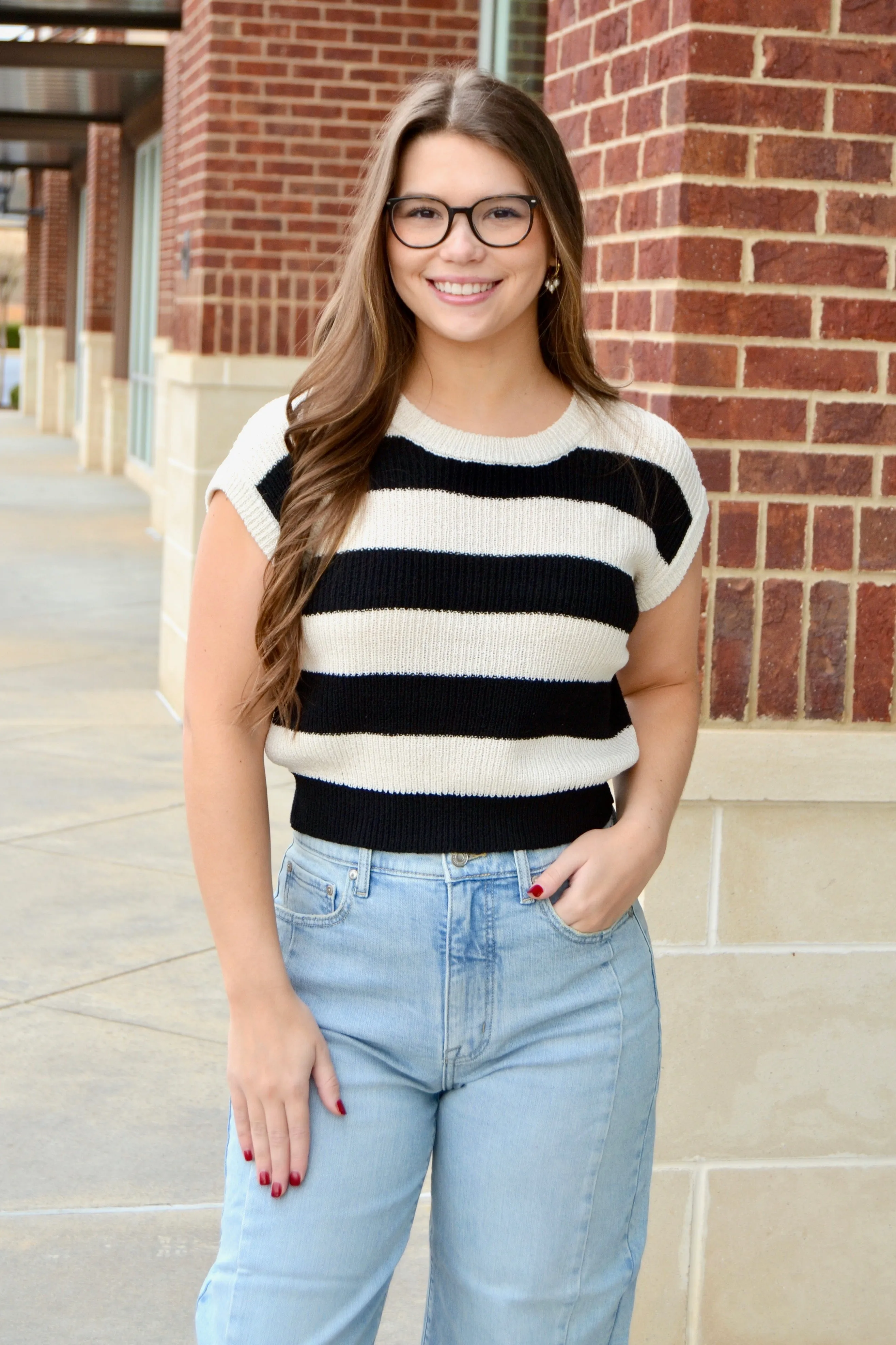 Cap sleeve striped sweater
