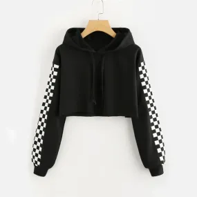 Checkered Sleeve Crop Sweatshirt