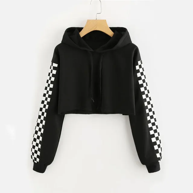 Checkered Sleeve Crop Sweatshirt