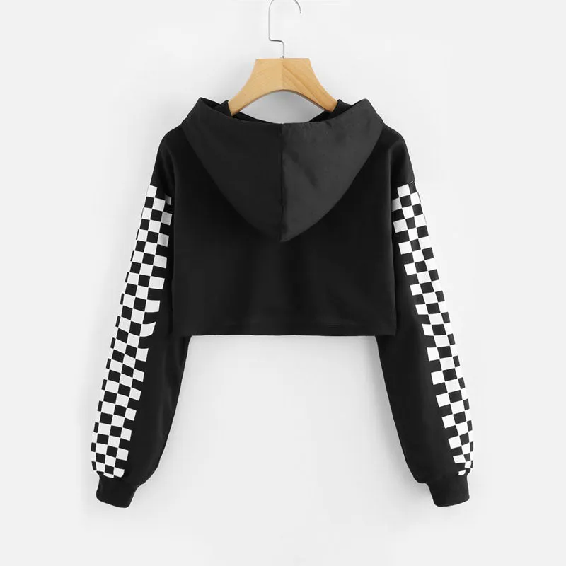 Checkered Sleeve Crop Sweatshirt