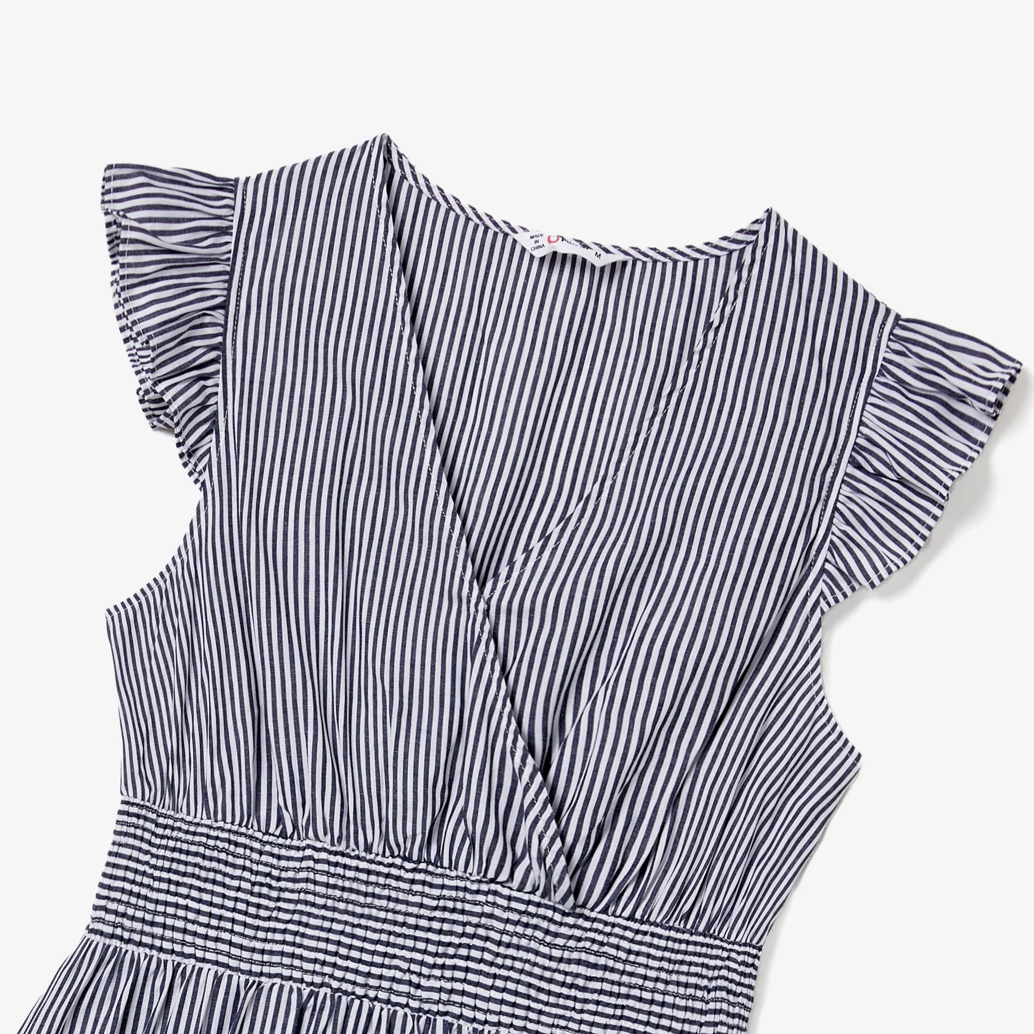 Family Matching Vertical Striped Shirt and Flutter Sleeves Wrap Front A-Line Dress Sets