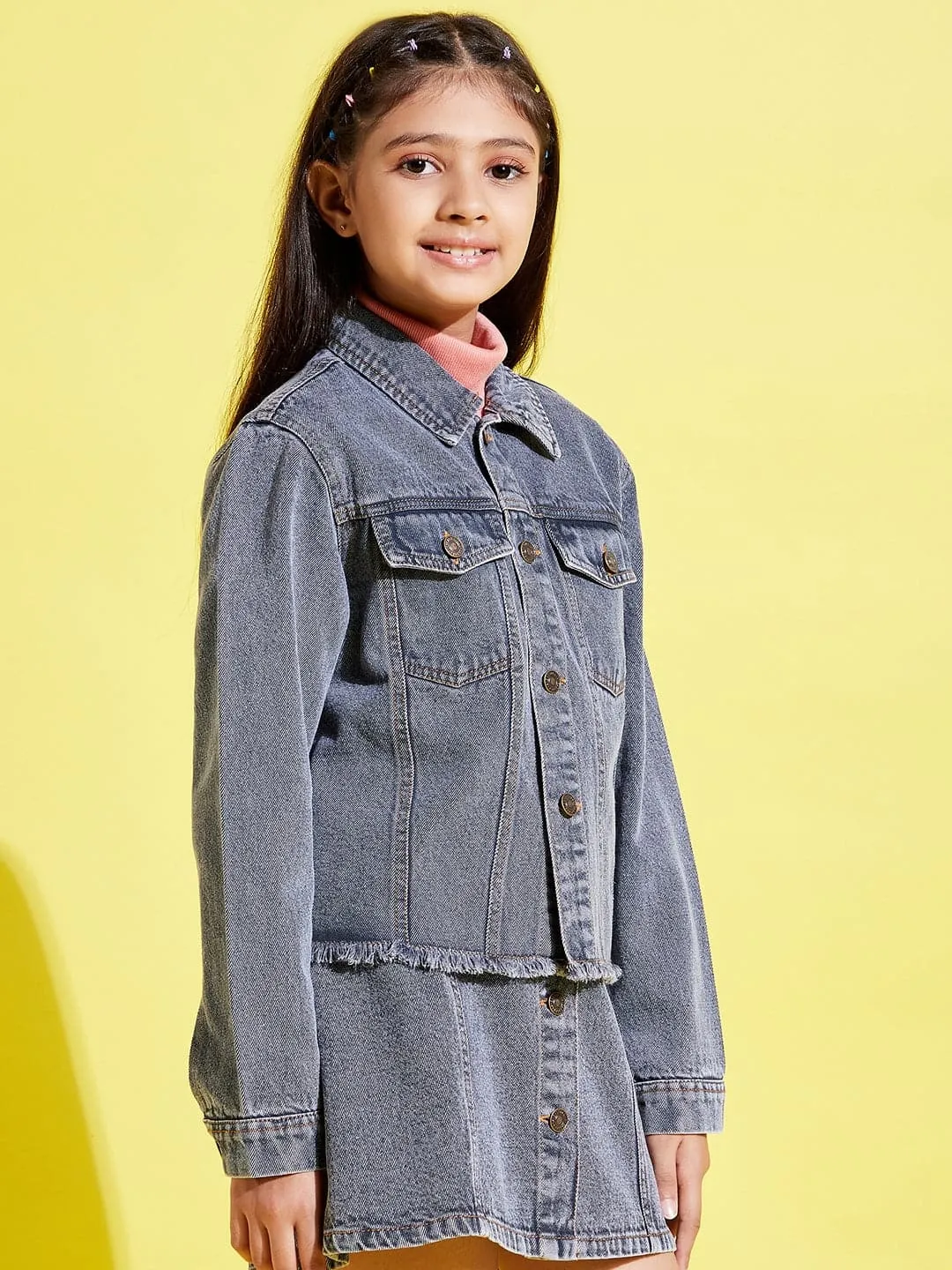 Girls Grey Acid Wash Raw Hem Denim Crop Jacket
