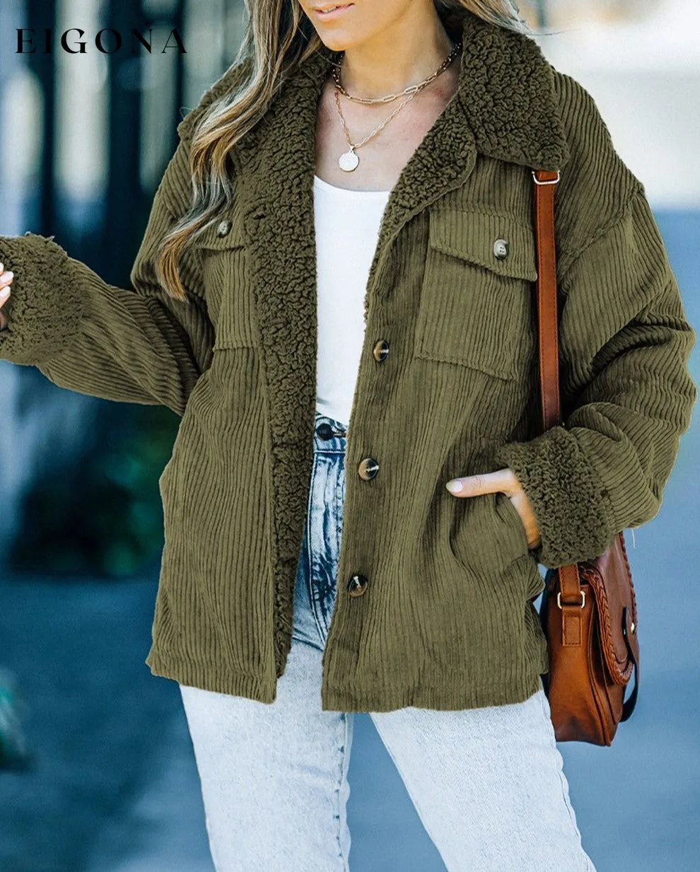 Green Corduroy Ribbed Shell Fleece Lining Jacket