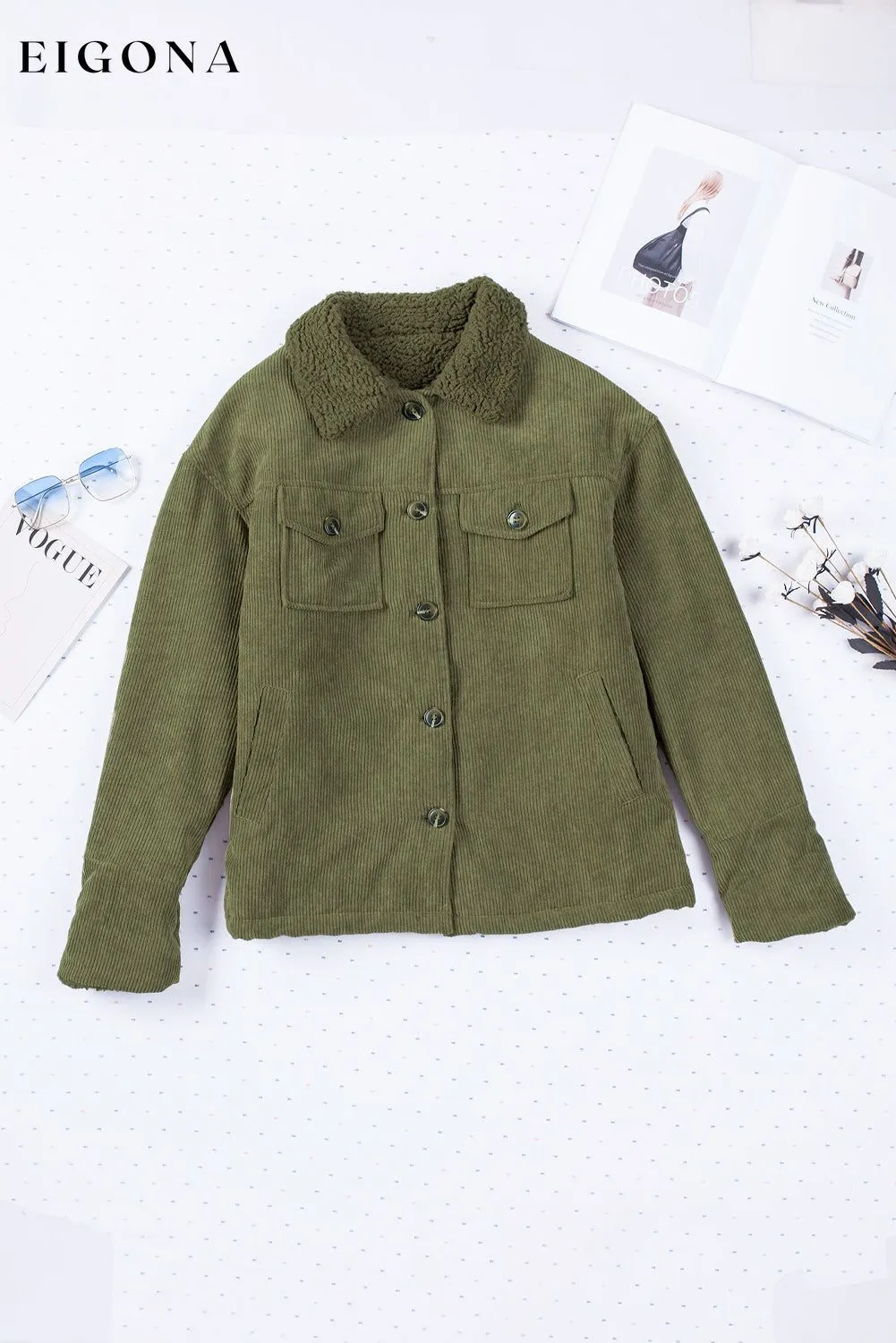 Green Corduroy Ribbed Shell Fleece Lining Jacket
