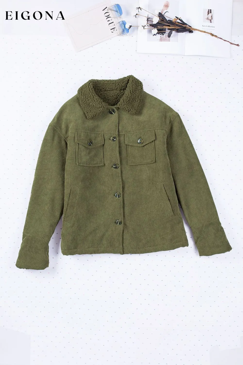 Green Corduroy Ribbed Shell Fleece Lining Jacket