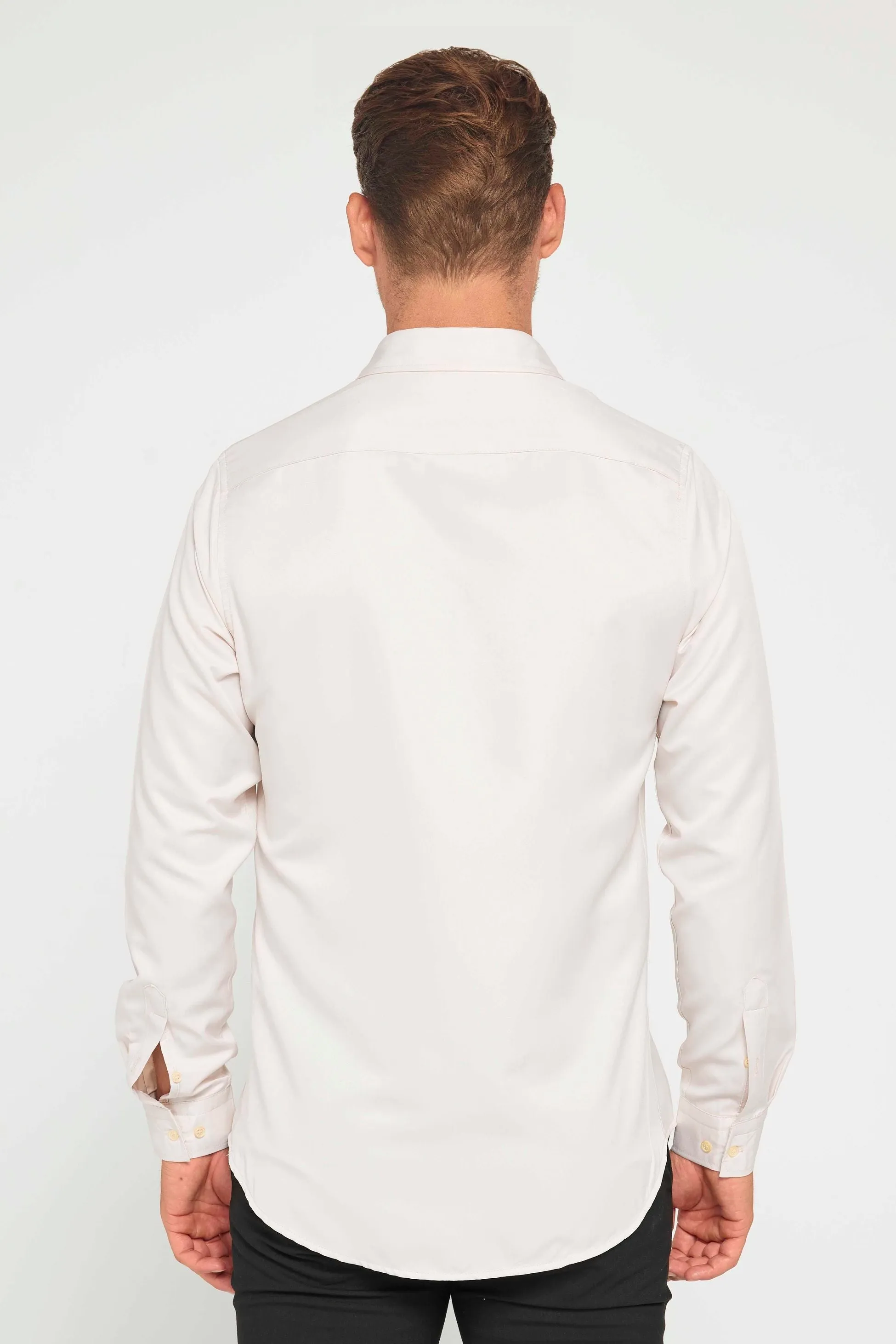 Men's Slim Fit Long Sleeve Dress Shirt - POLY - Stone Beige