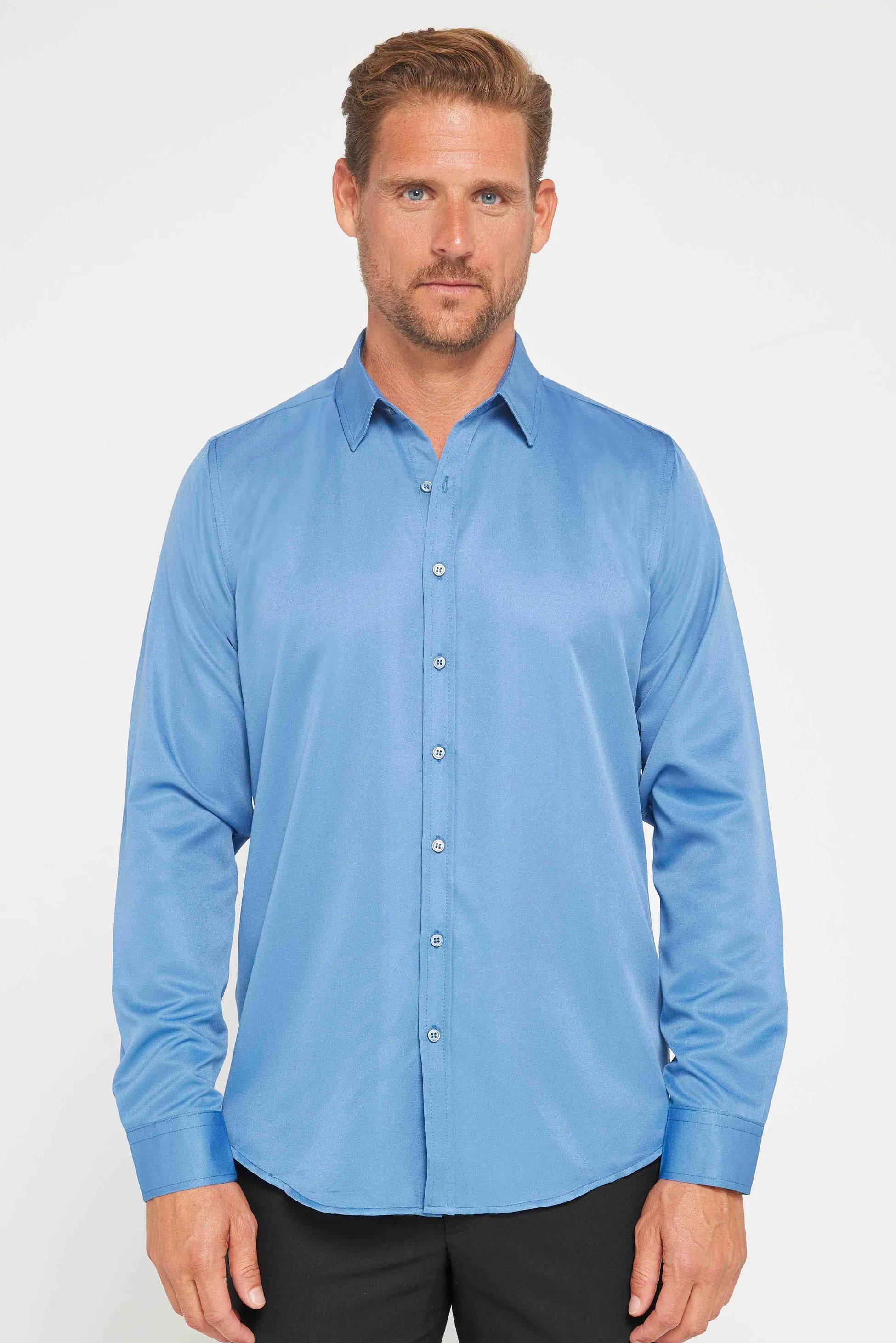 Men's Slim Fit Long Sleeve Dress Shirt - POLY - Turquoise Blue