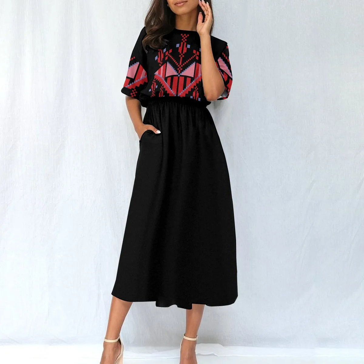 Modern Palestinian Tatreez Print Women's Elastic Waist Dress, Red