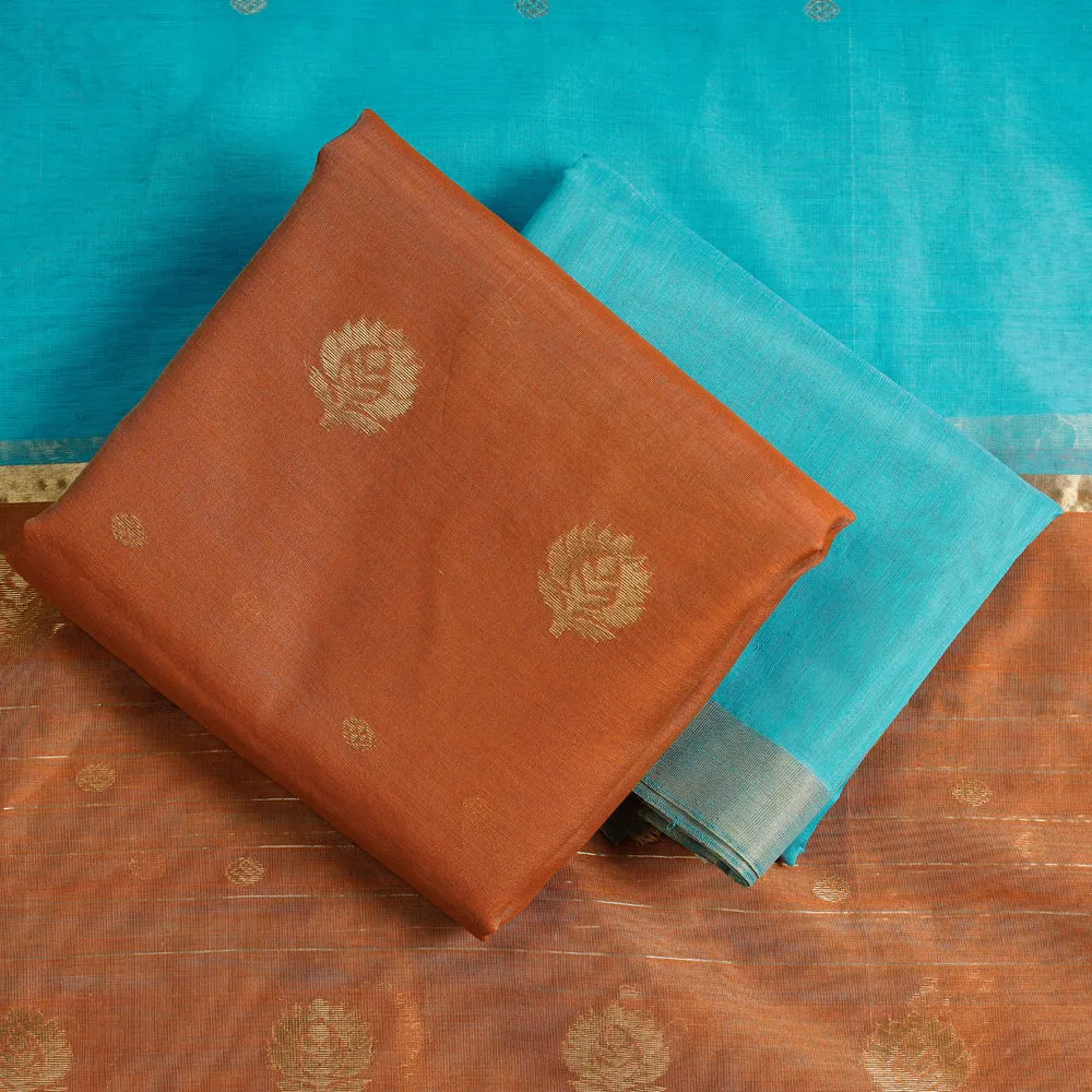 Orange - 3pc Chanderi Silk Handloom Flower Zari Buti Suit Material Set