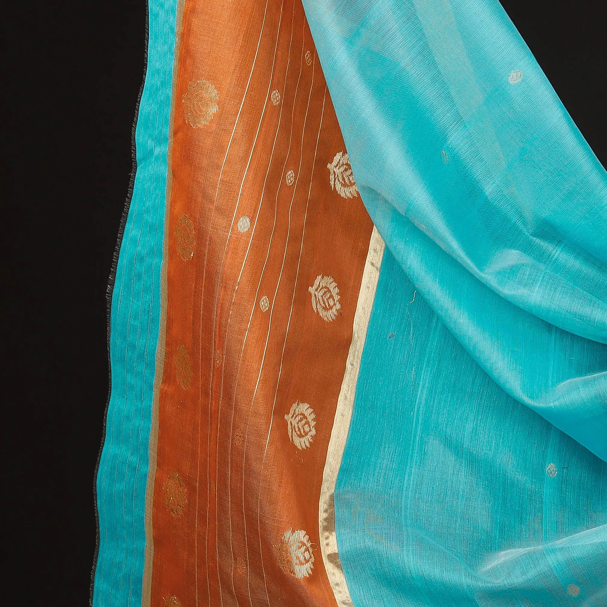 Orange - 3pc Chanderi Silk Handloom Flower Zari Buti Suit Material Set