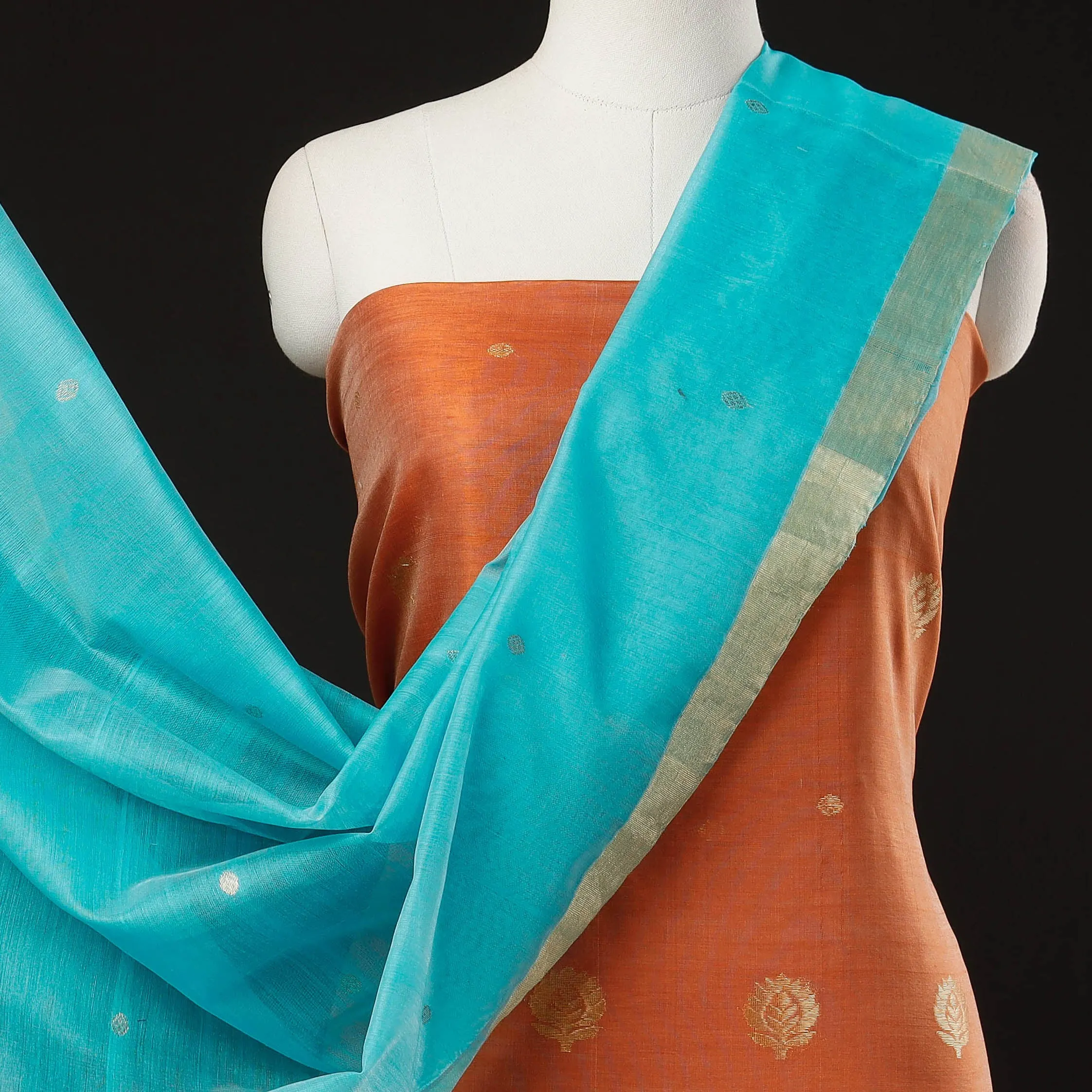 Orange - 3pc Chanderi Silk Handloom Flower Zari Buti Suit Material Set