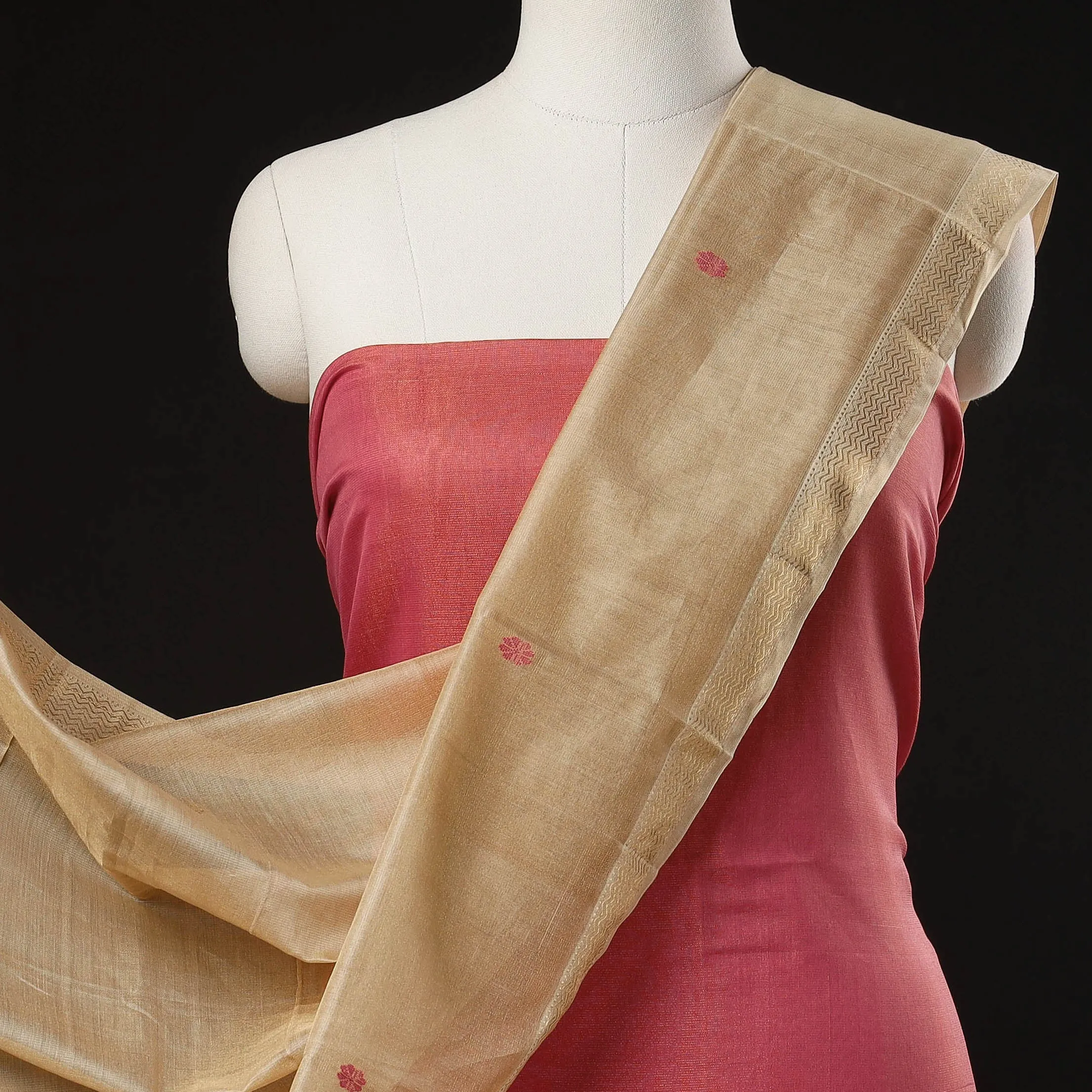 Pink - 2pc Maheshwari Silk Handloom Suit Material Set with Narmada Lehar Zari Border