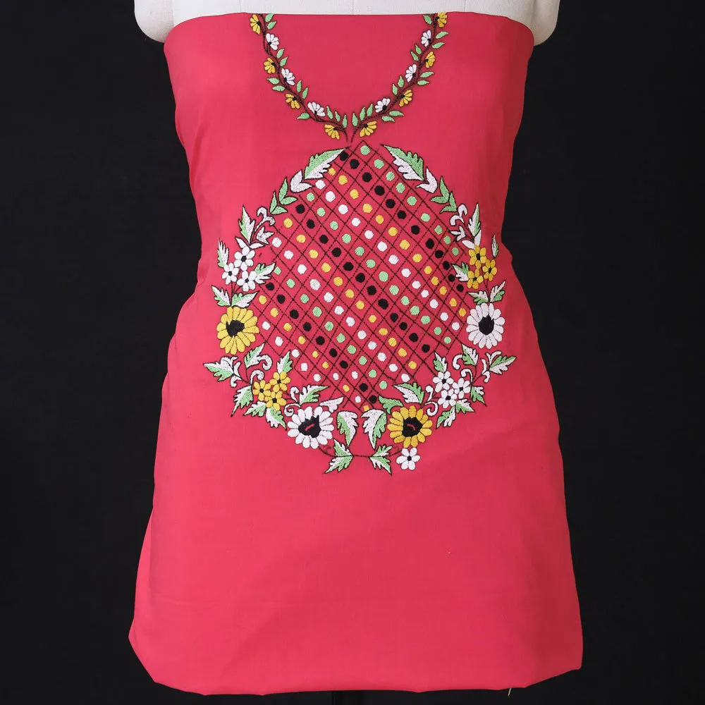 Pink - Bengal Kantha Embroidered Pure Cotton Kurta Material