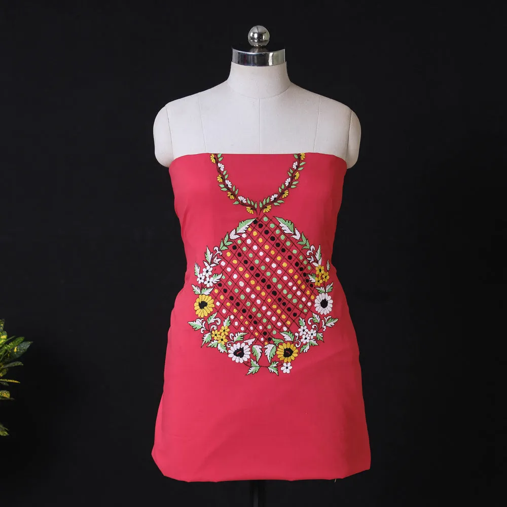 Pink - Bengal Kantha Embroidered Pure Cotton Kurta Material