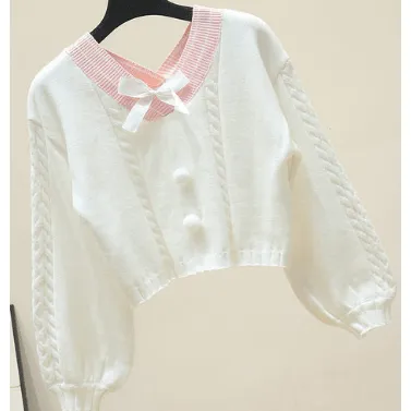 Pullover Sweater with poms, cables V-Neck in sailor style