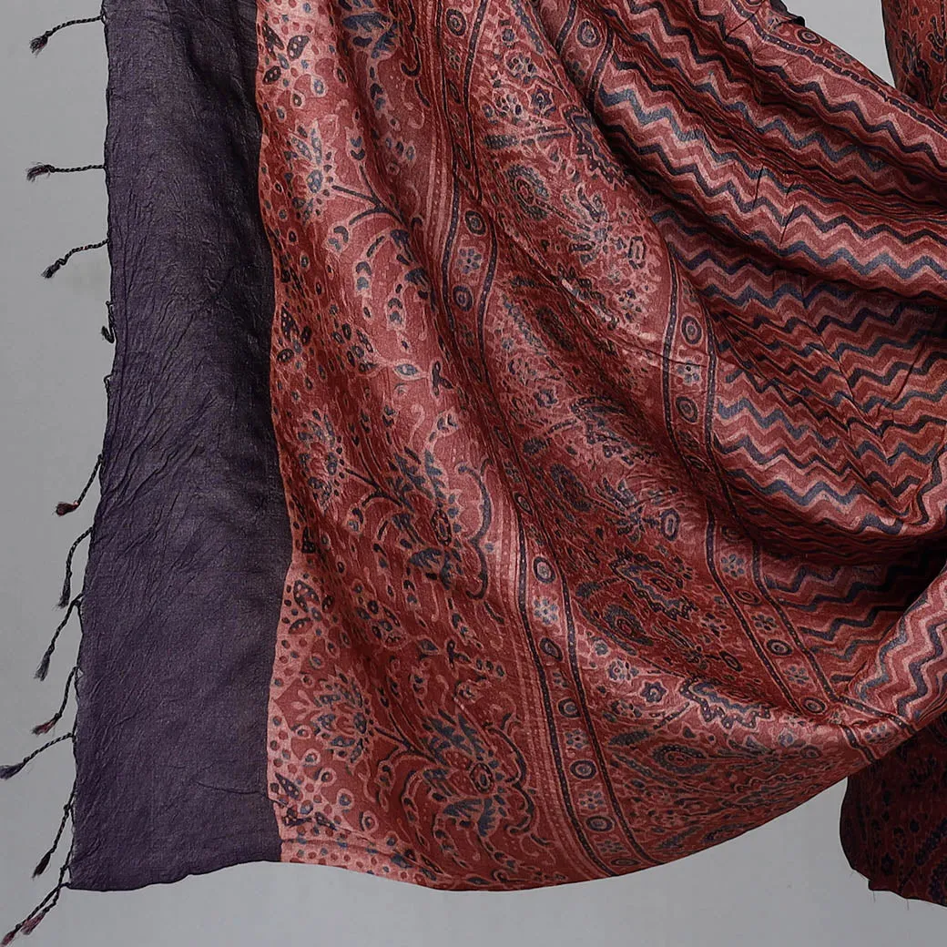 Red - 2pc Ajrakh Hand Block Printed Tussar Silk Handloom Material Suit Set