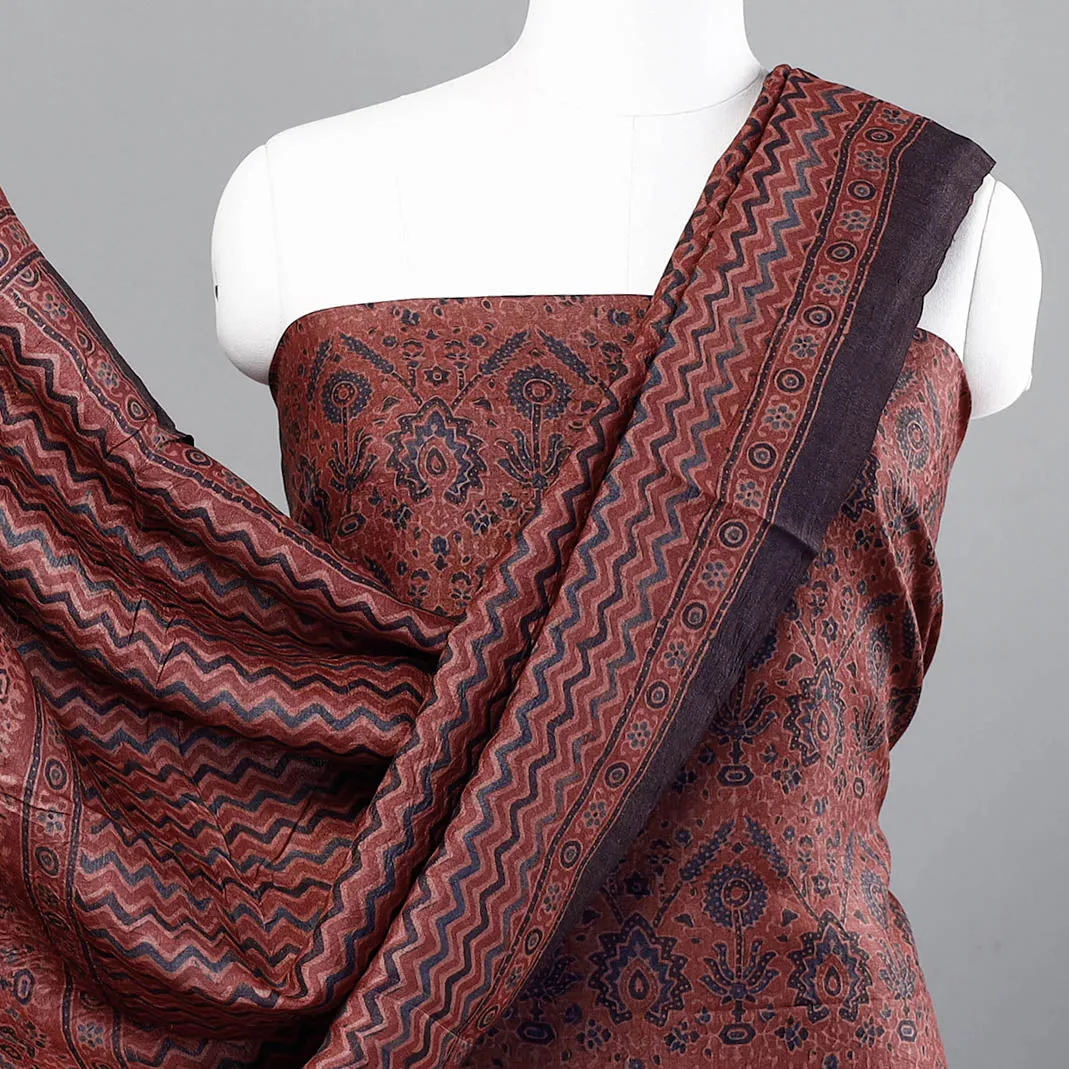 Red - 2pc Ajrakh Hand Block Printed Tussar Silk Handloom Material Suit Set
