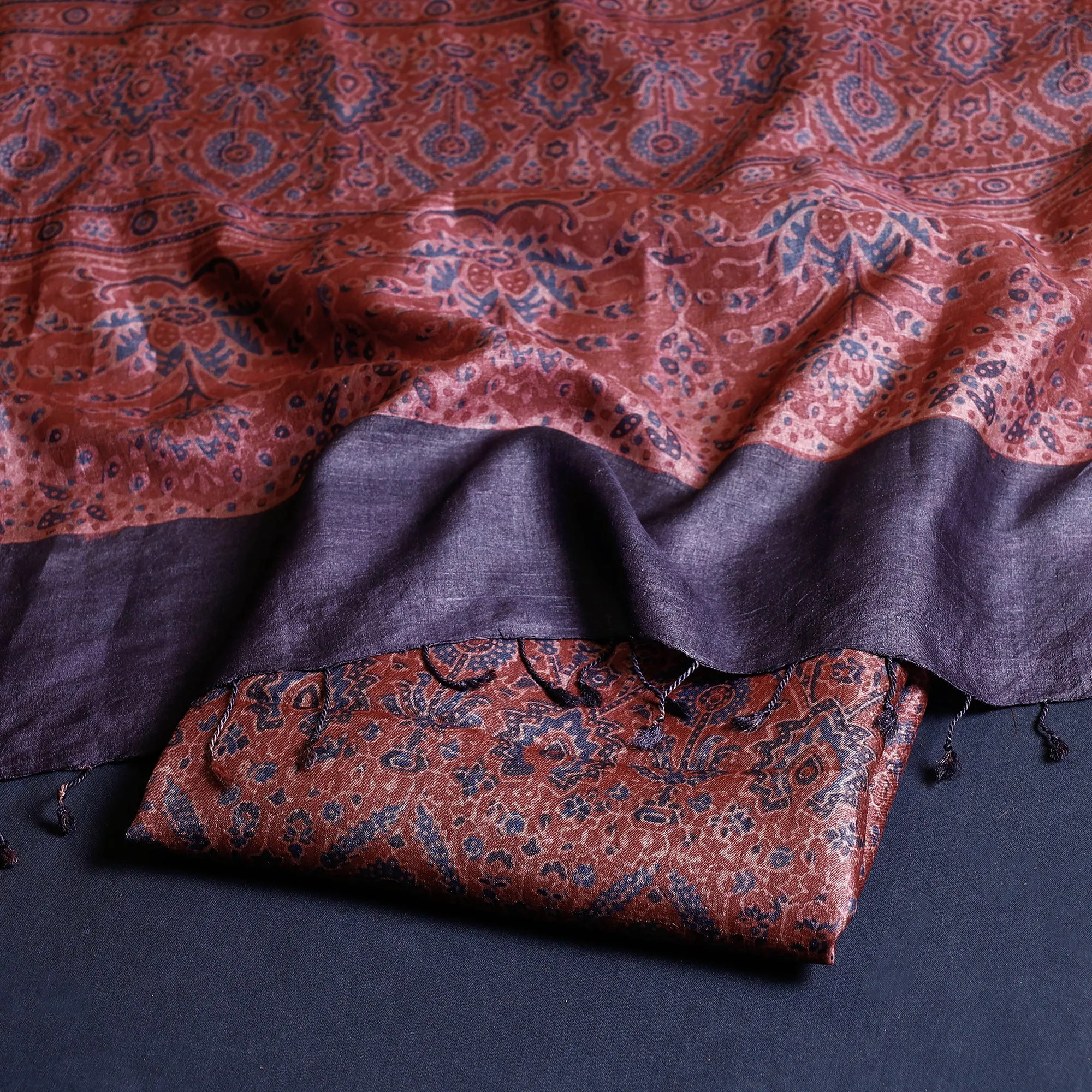 Red - 2pc Ajrakh Hand Block Printed Tussar Silk Handloom Material Suit Set