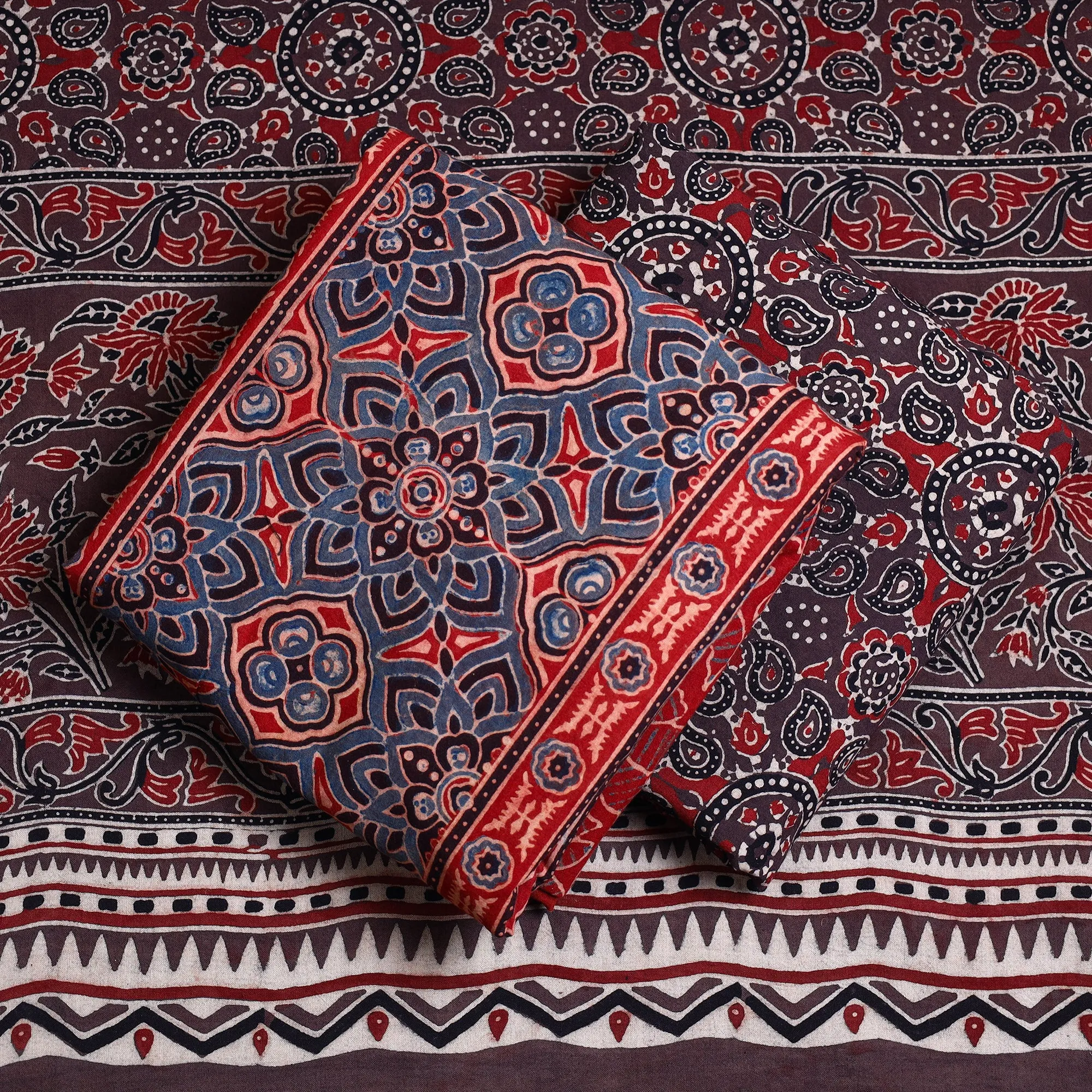 Red - 3pc Ajrakh Block Printed Cotton Suit Material Set