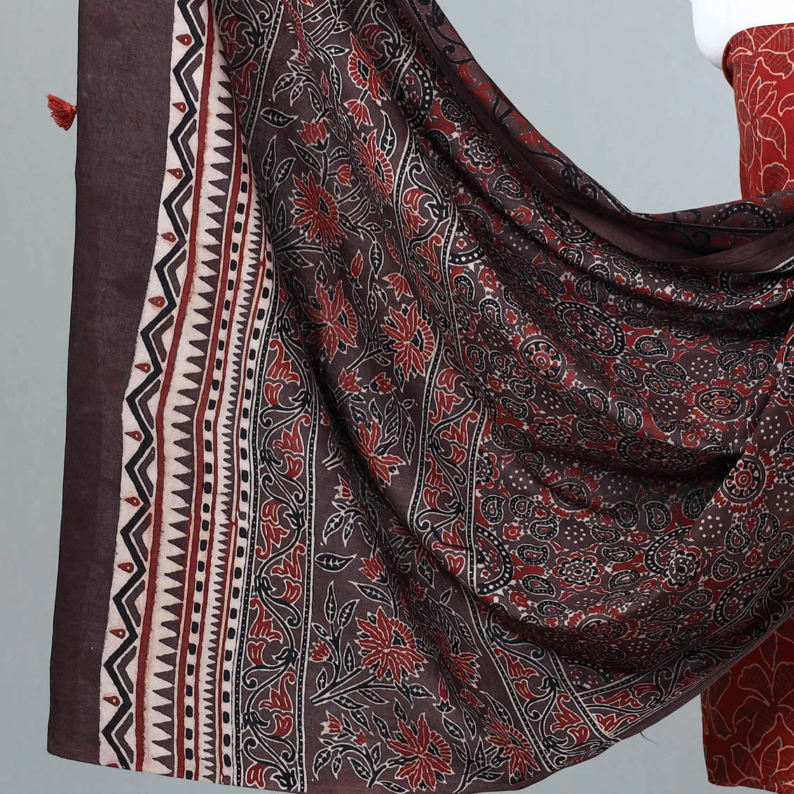 Red - 3pc Ajrakh Block Printed Cotton Suit Material Set