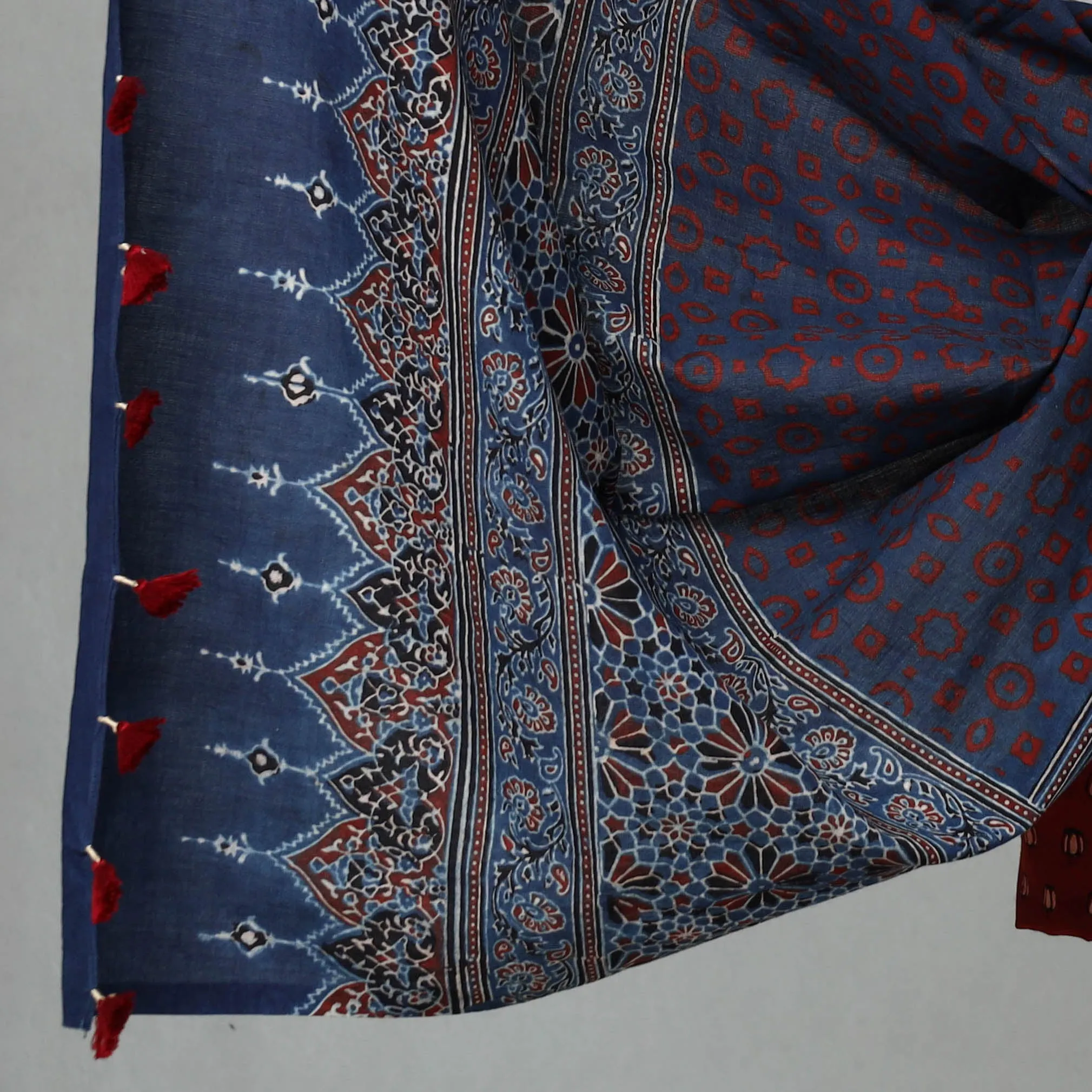Red - 3pc Ajrakh Block Printed Natural Dyed Cotton Suit Material Set 02