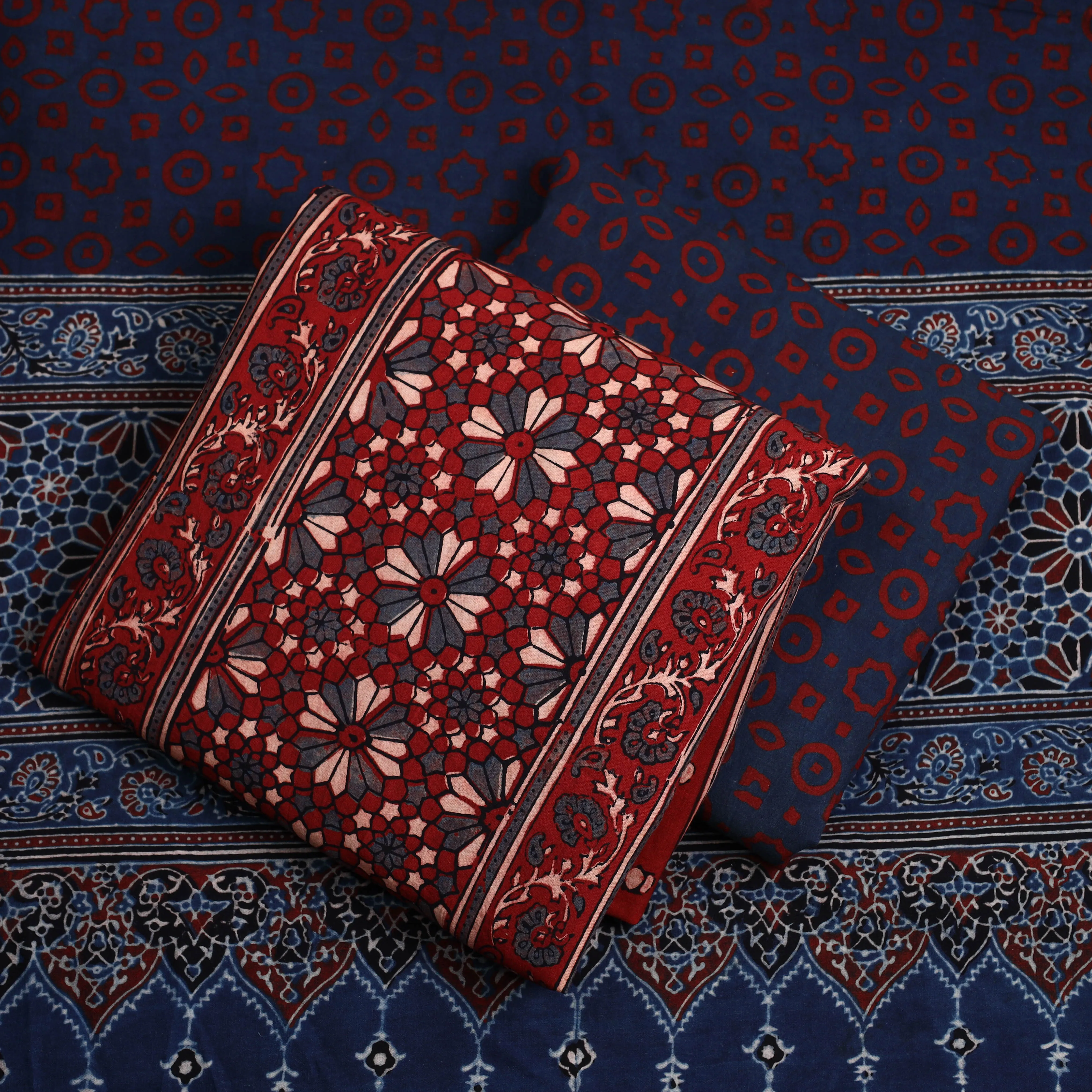 Red - 3pc Ajrakh Block Printed Natural Dyed Cotton Suit Material Set 02