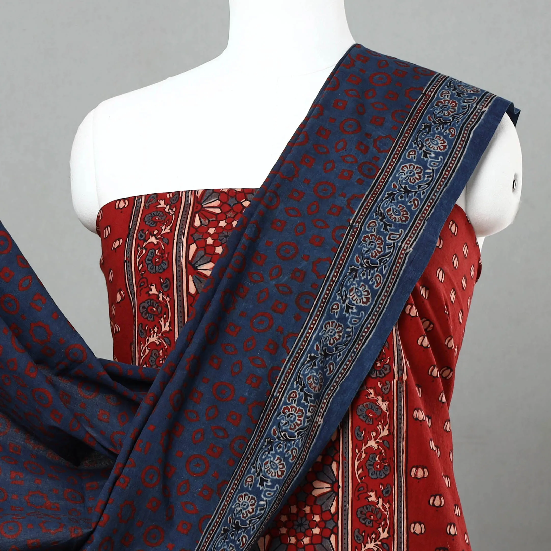 Red - 3pc Ajrakh Block Printed Natural Dyed Cotton Suit Material Set 02
