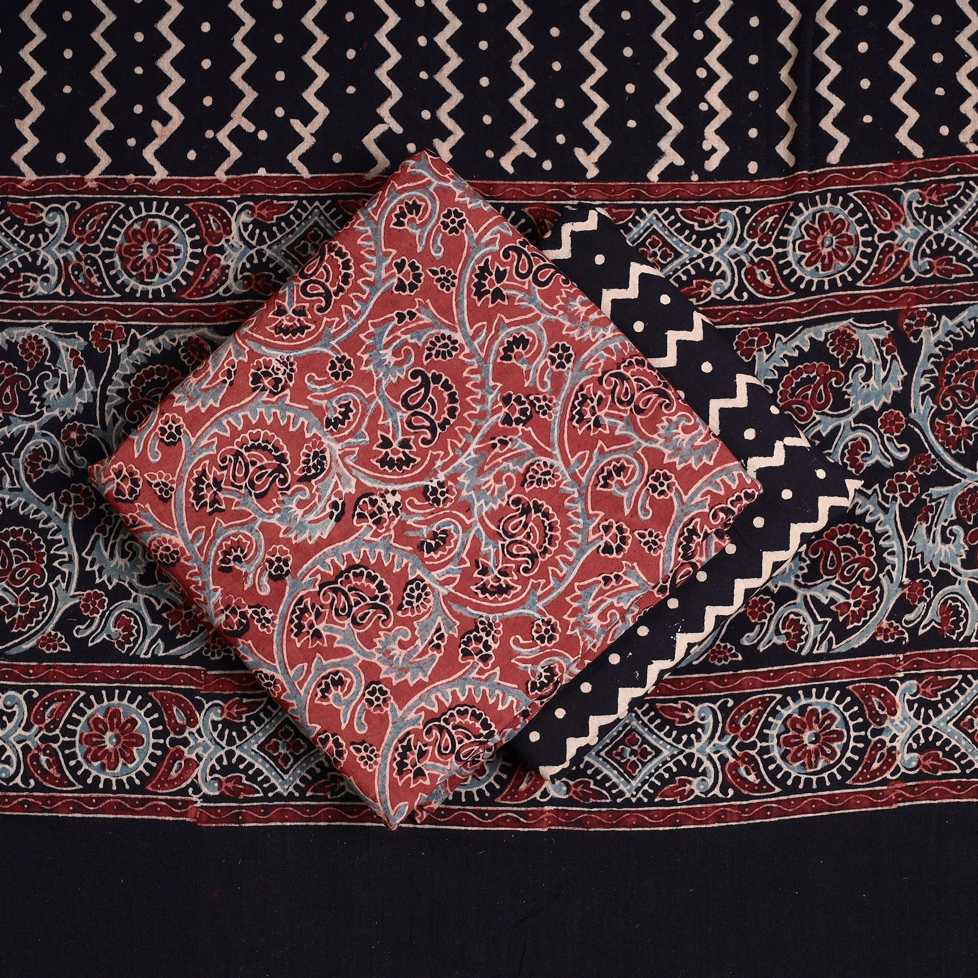 Red - 3pc Ajrakh Block Printed Natural Dyed Cotton Suit Material Set 09