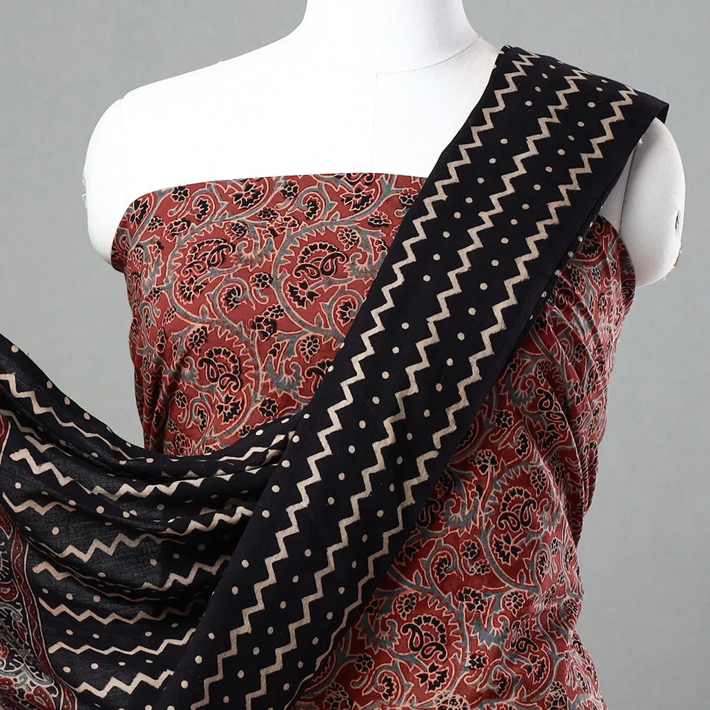 Red - 3pc Ajrakh Block Printed Natural Dyed Cotton Suit Material Set 09