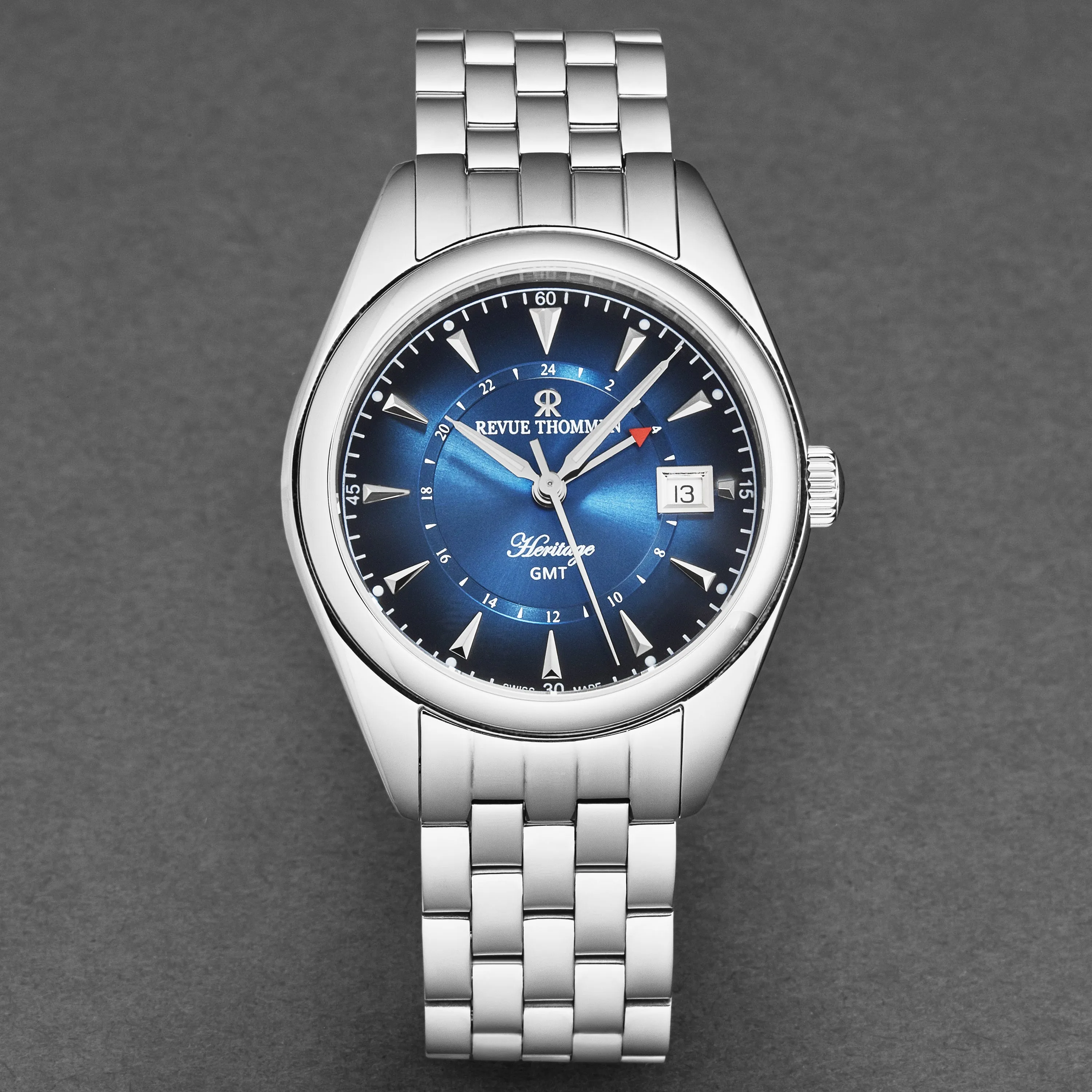Revue Thommen Men's 'Heritage' GMT Blue Dial Stainless Steel Bracelet Swiss Automatic Watch 21010.2335