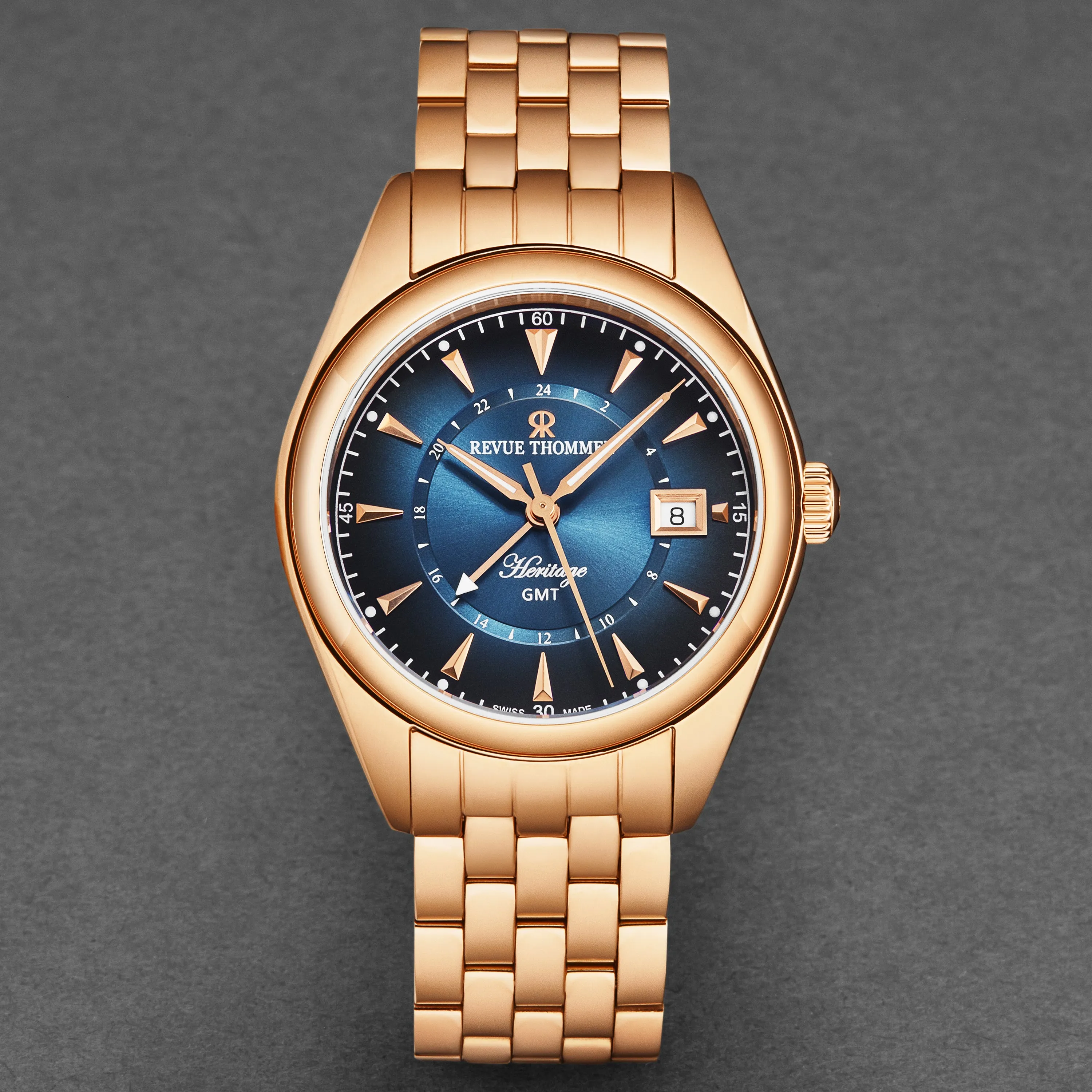 Revue Thommen Men's 'Heritage' GMT Blue Dial Stainless Steel Bracelet Swiss Automatic Watch 21010.2365