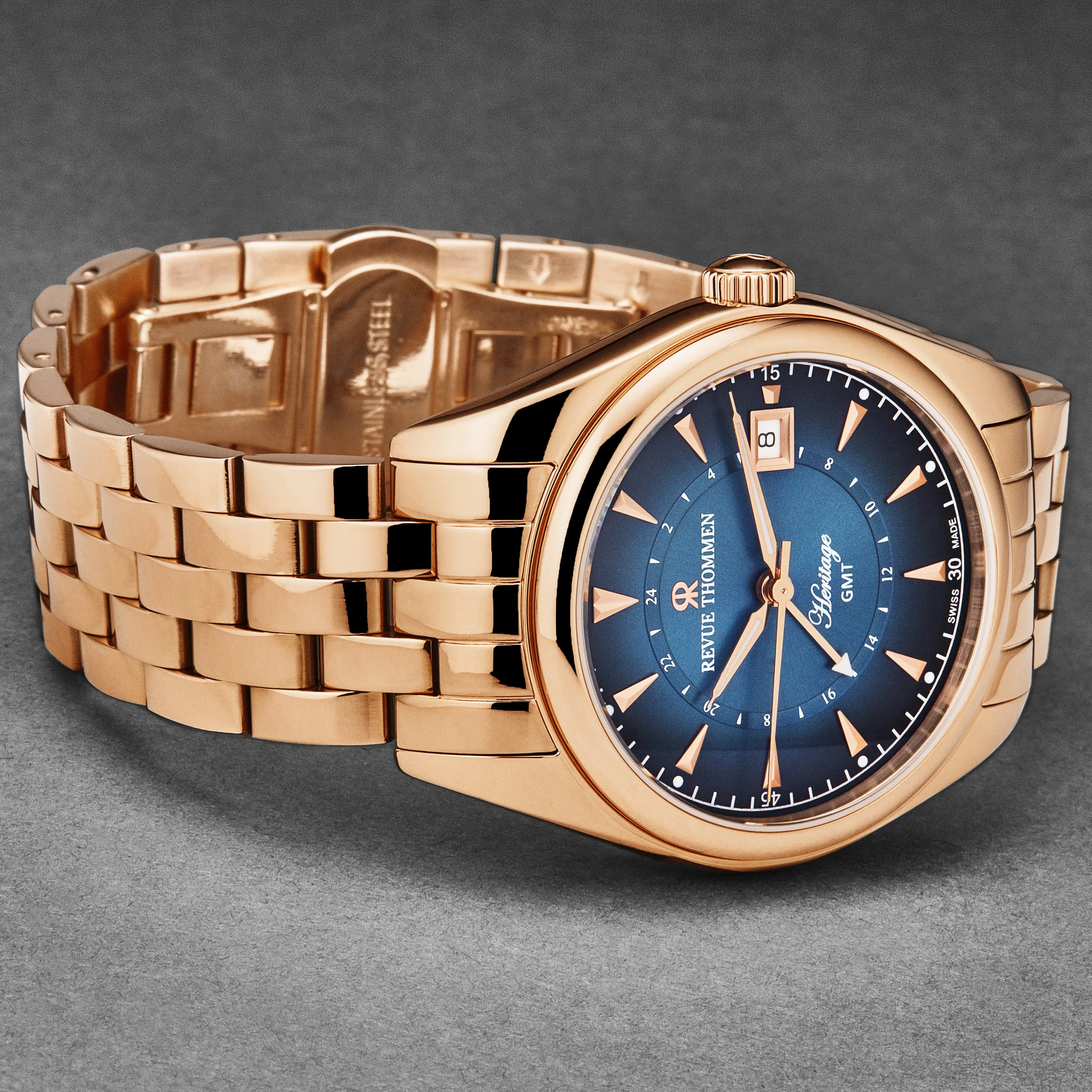 Revue Thommen Men's 'Heritage' GMT Blue Dial Stainless Steel Bracelet Swiss Automatic Watch 21010.2365