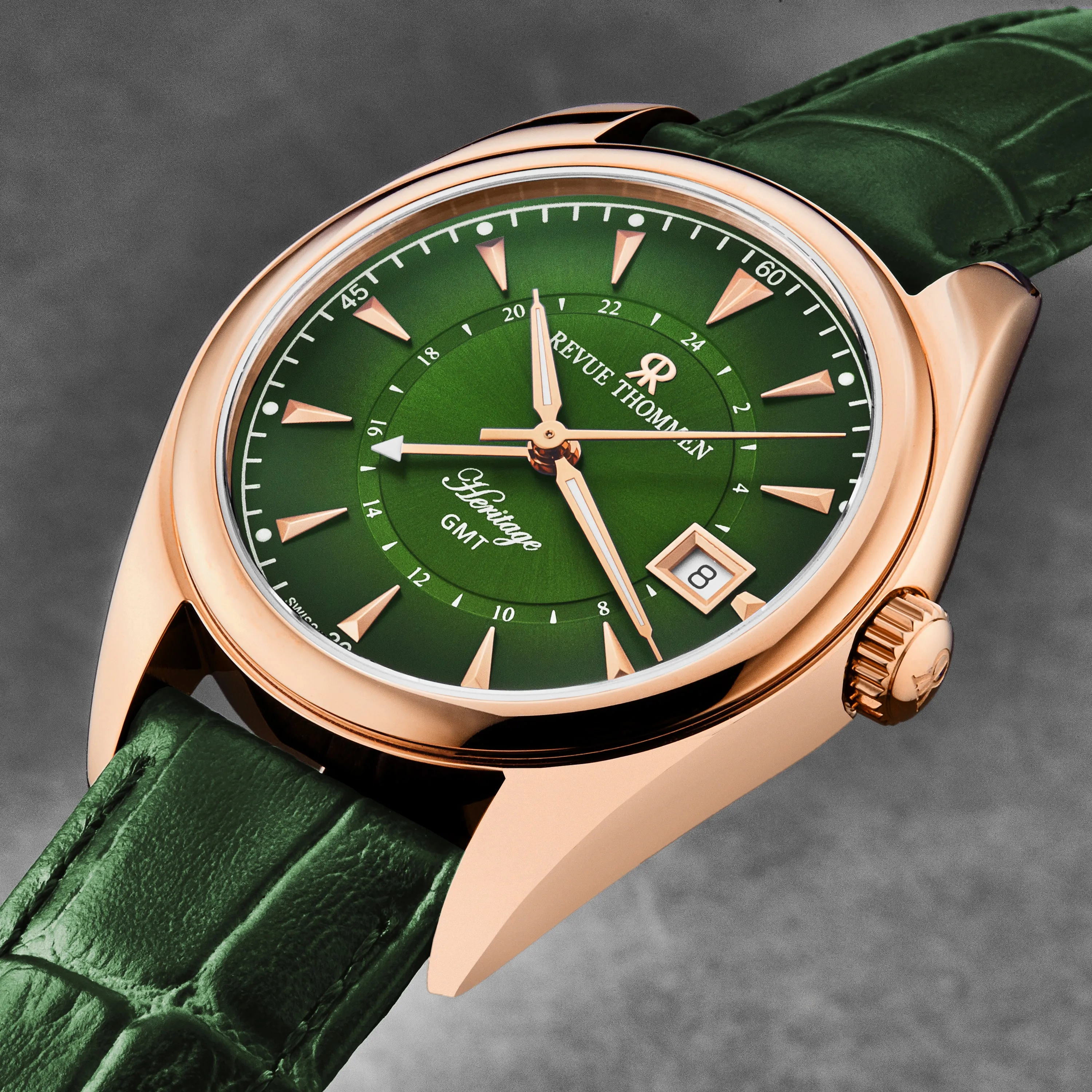 Revue Thommen Men's 'Heritage' GMT Green Dial Green Leather Strap Swiss Automatic Watch 21010.2464
