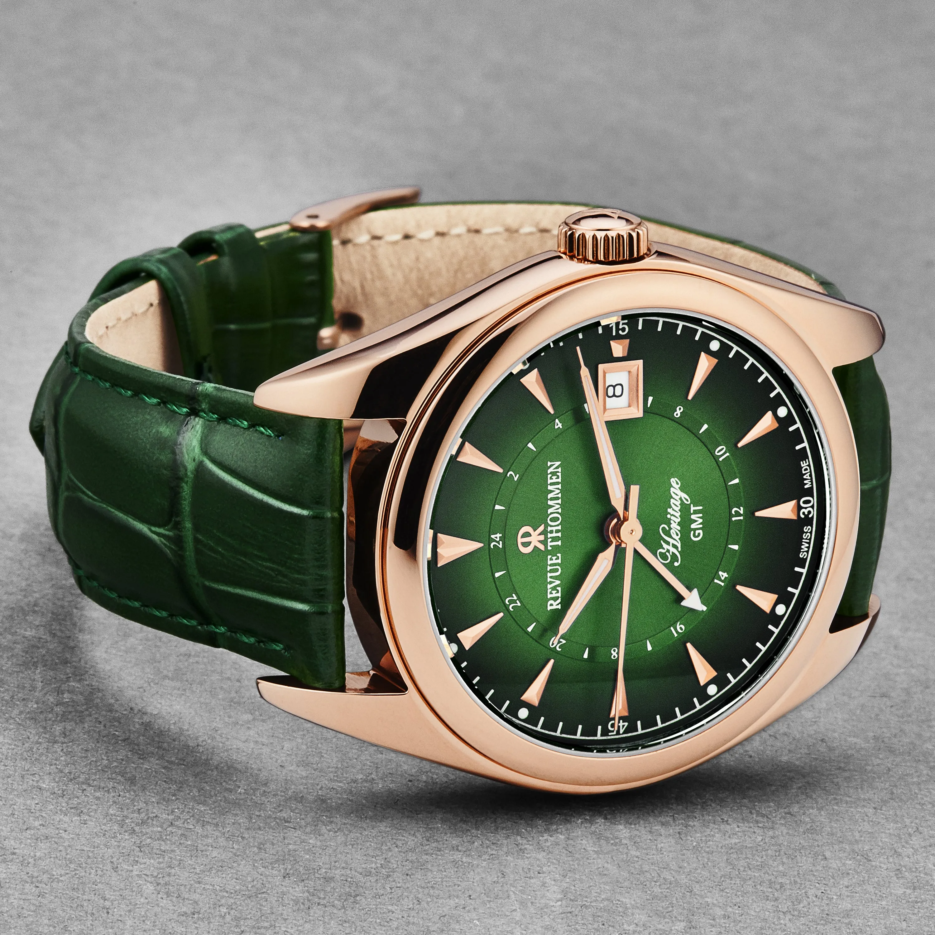 Revue Thommen Men's 'Heritage' GMT Green Dial Green Leather Strap Swiss Automatic Watch 21010.2464