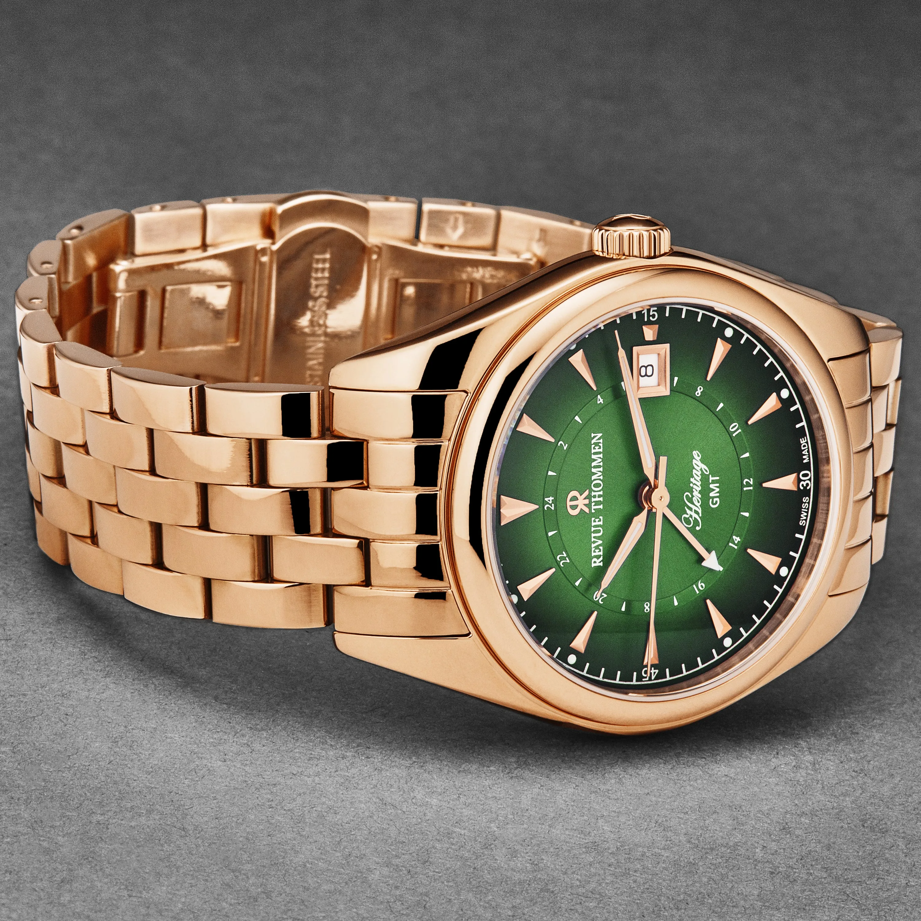 Revue Thommen Men's 'Heritage' GMT Green Dial Stainless Steel Bracelet Swiss Automatic Watch 21010.2364