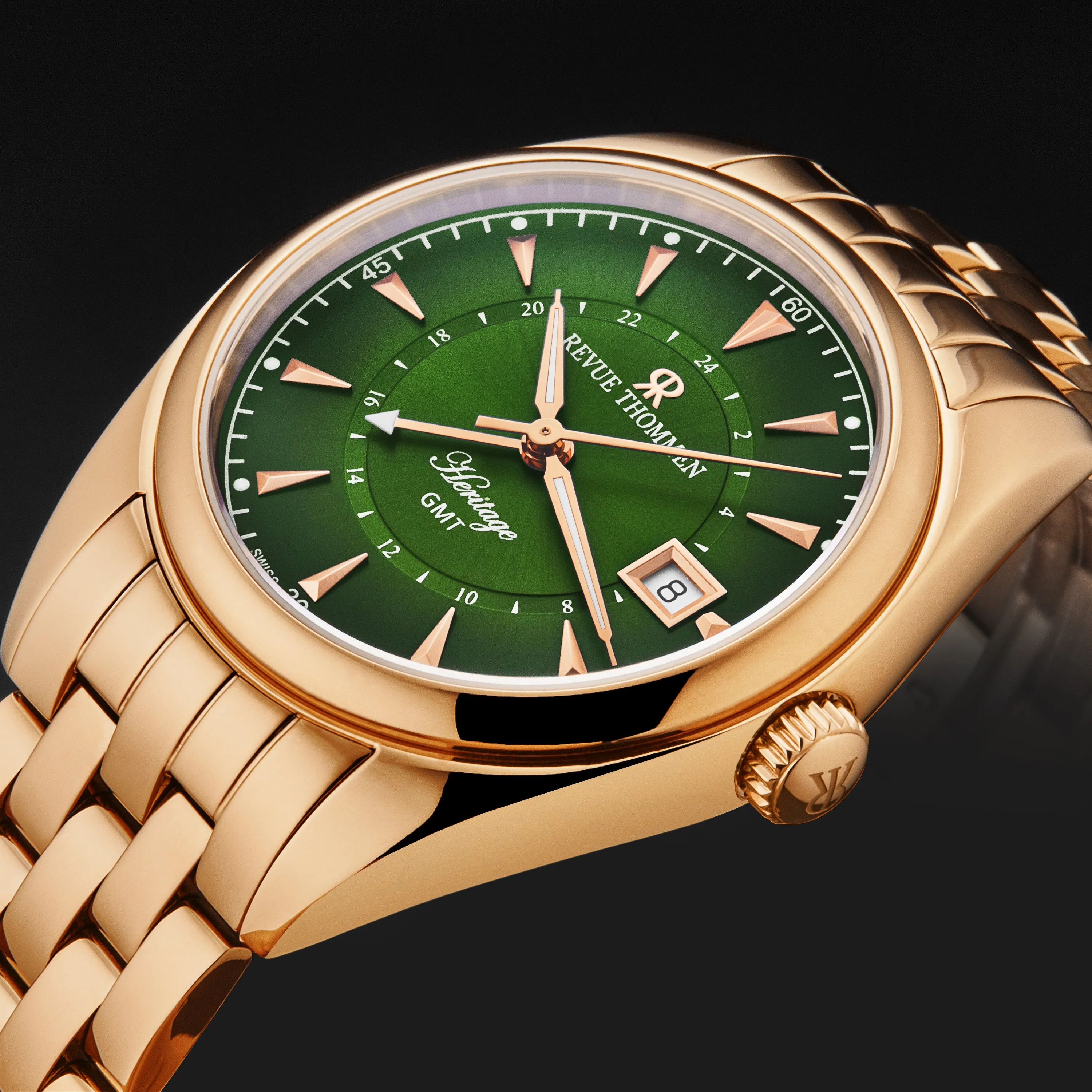 Revue Thommen Men's 'Heritage' GMT Green Dial Stainless Steel Bracelet Swiss Automatic Watch 21010.2364