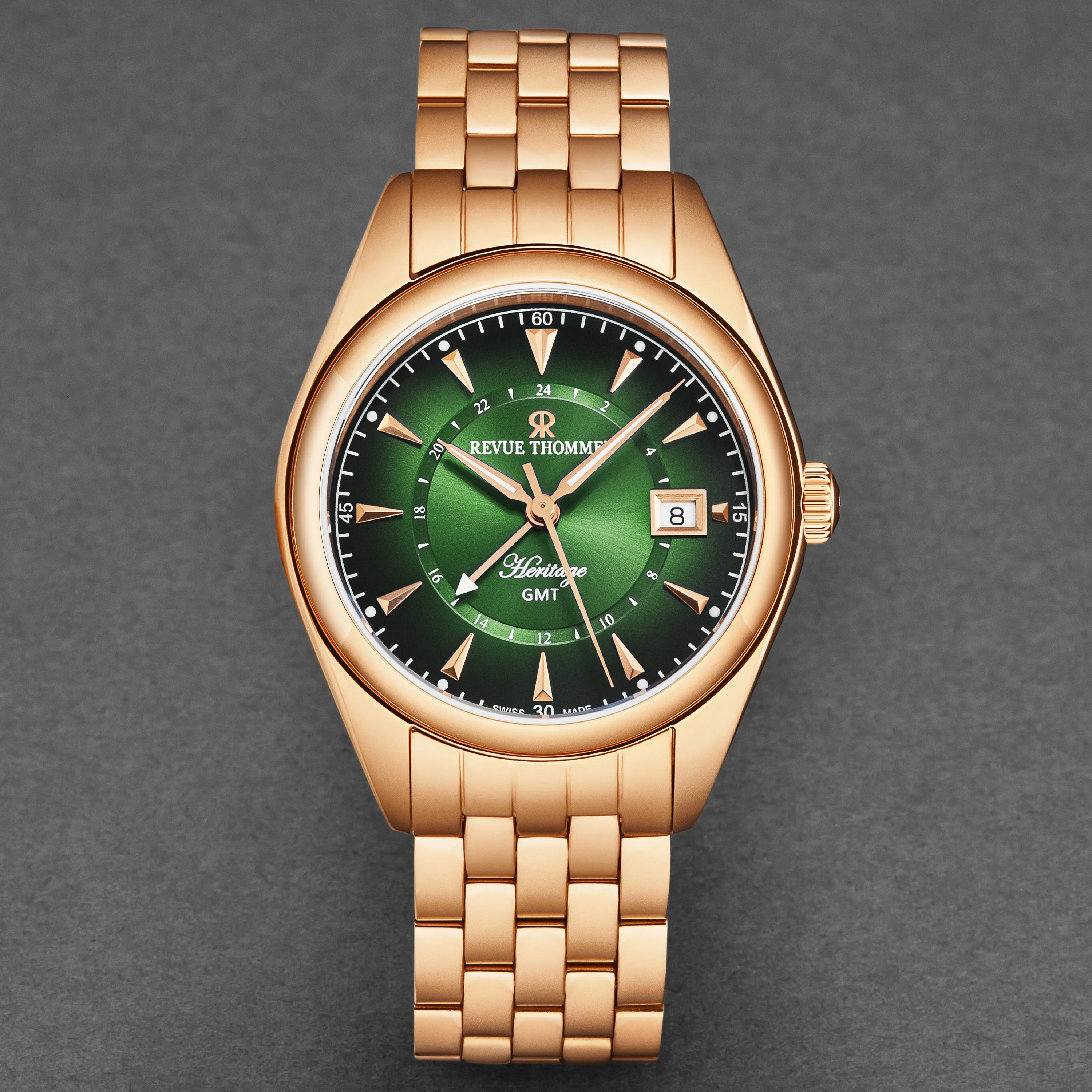 Revue Thommen Men's 'Heritage' GMT Green Dial Stainless Steel Bracelet Swiss Automatic Watch 21010.2364