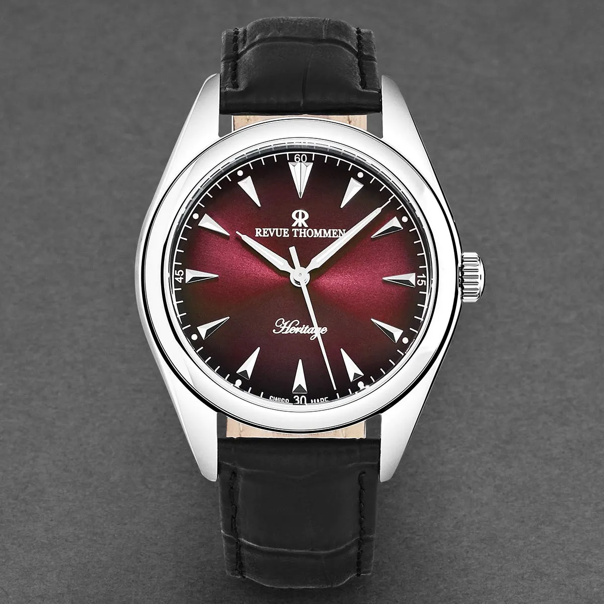Revue Thommen Men's 'Heritage' Red Dial Black Leather Strap Automatic Watch 21010.2536