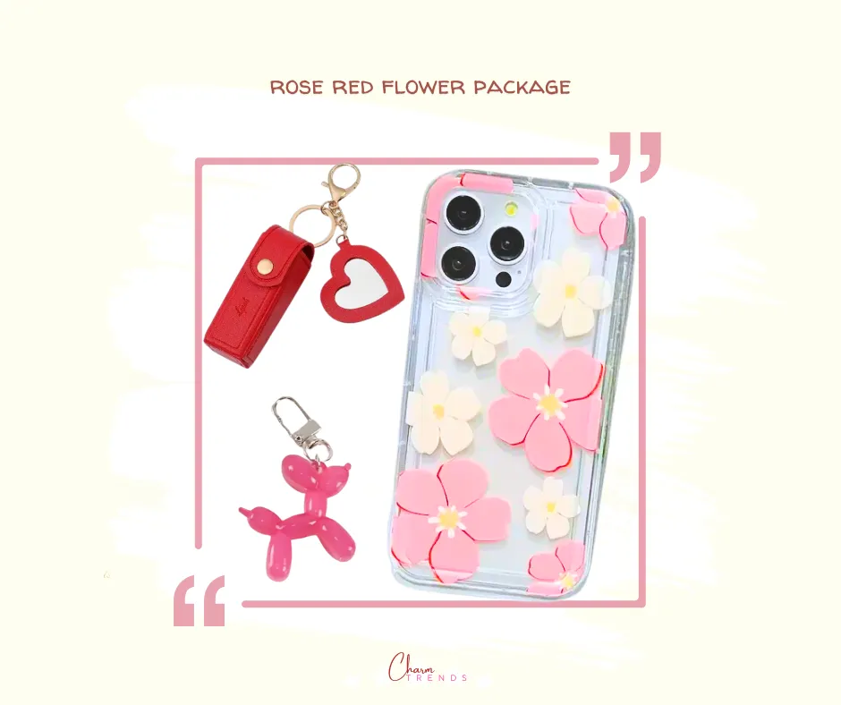 Rose Red Flower Collection: iPhone Case, Lipstick Case &  Jelly Balloon Dog Charm.