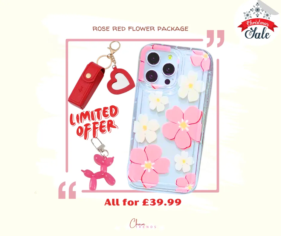 Rose Red Flower Collection: iPhone Case, Lipstick Case &  Jelly Balloon Dog Charm.